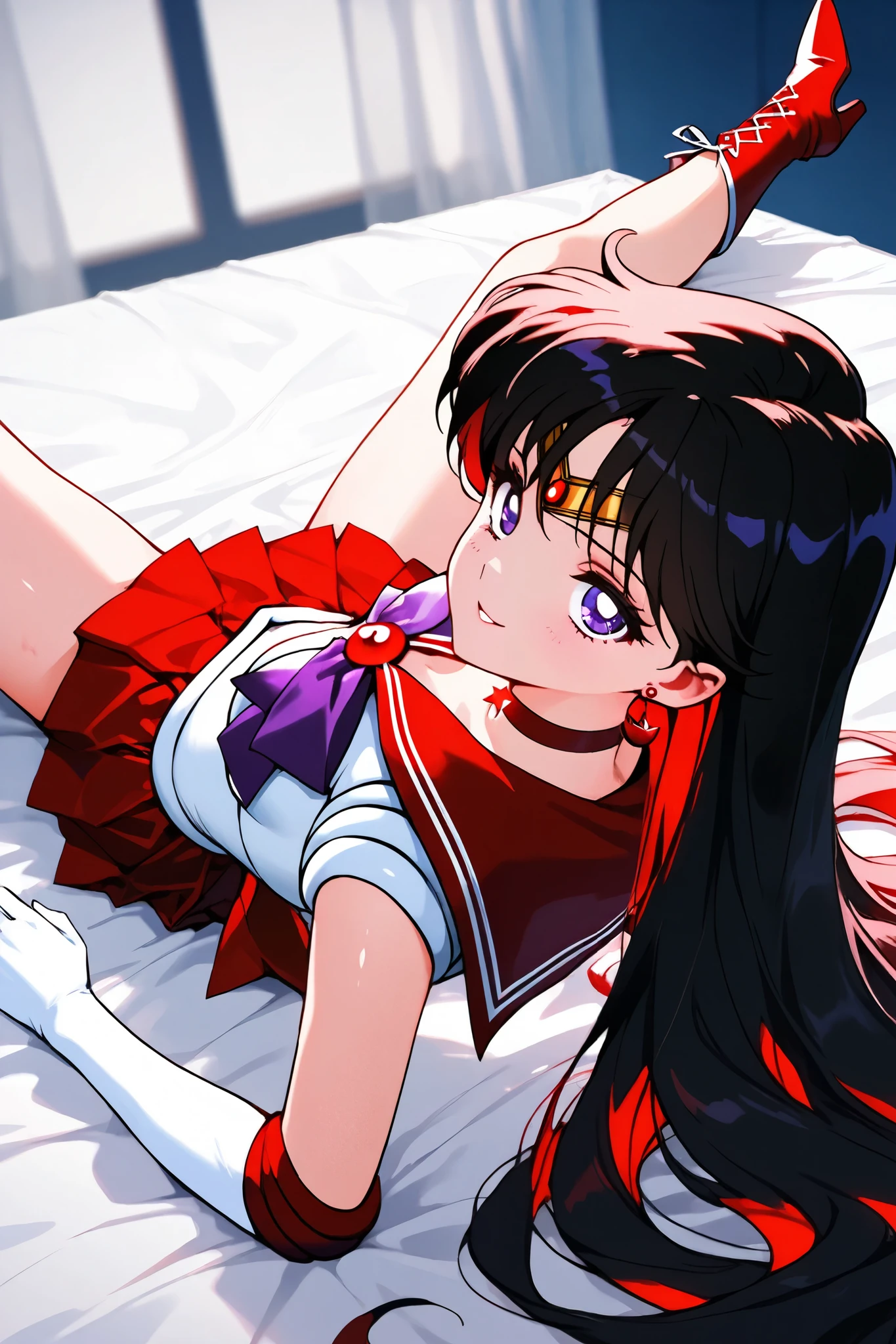 sailor_ mars,1 female,solo,
front,look at viewer,look up,from behind,
black hair,headband,long hair,
bangs with a split,colored inner hair,
purple eyes,beautiful eyes,big eyes,
slant eyes,long eyelashes,sleeping eyes,
sailor warrior uniform(1.3),
red sailor color,
white breast,
red ribbon,
red skirt,micro miniskirt,pleated skirt,
white panty,
jewelry,earrings,
red lace-up boots,knee-high boots,high heels,
white elbow gloves,
beautiful legs,thin thighs,thin calves,
medium breasts,thin waist,
perfect face,beautiful skin,
evil smile,sweaty,
sitting,spread legs,cowboy shot,dutch angle,
anatomically correct,
masterpiece,best quality,super detailed,
blurred background,
indoor,bedroom,on bed