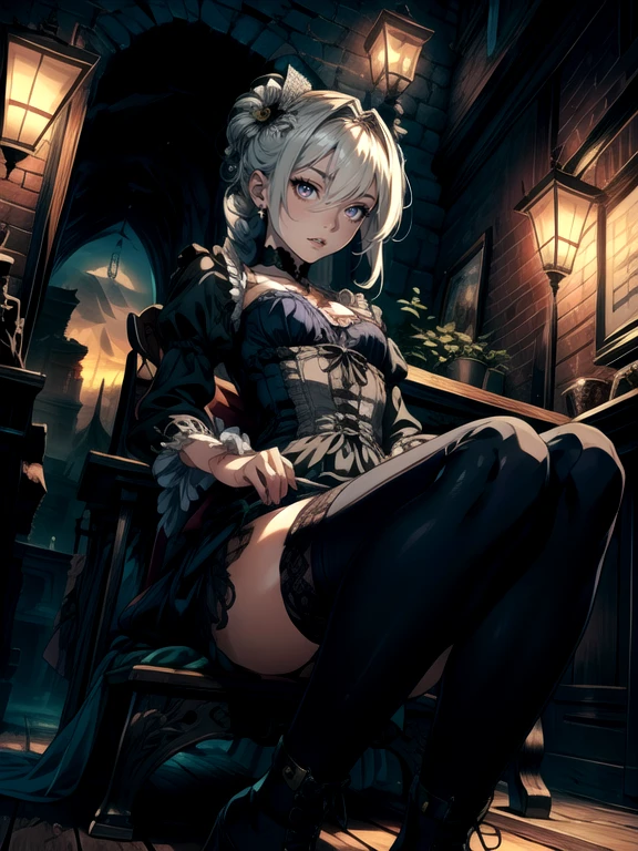 (melhor qualidade: 1.0), (super high res: 1.0), 1girl, personagem extremamente detalhado, detailed hands, Half-dragon girl, chifres, Dragon horns, Girl with black dragon tail, Black dragon tail, Cabelo extremamente detalhado, cabelo curto, ((short hair)), ((cabelos brancos)), ((mechas da cor preta)), olhos extremamente detalhados, olho com cores diferentes, Heterocromia, Olho direito de cor branca, Olho esquerdo de cor preta, dragon eyes, 2D, Arte de Anime, ((barnet)), ((corpo inteiro)), standing on her feet, medieval, RPG, pequena, (baixa), (Altura Pequena), peitos pequenos, (adolescente), olhar morto, grim expression, preocupado, look of tiredness, camisa de manga comprida, Black jacket, brincos de estrela + Branco, medieval chinese dress + preto, pantyhose + black + white, salto alto