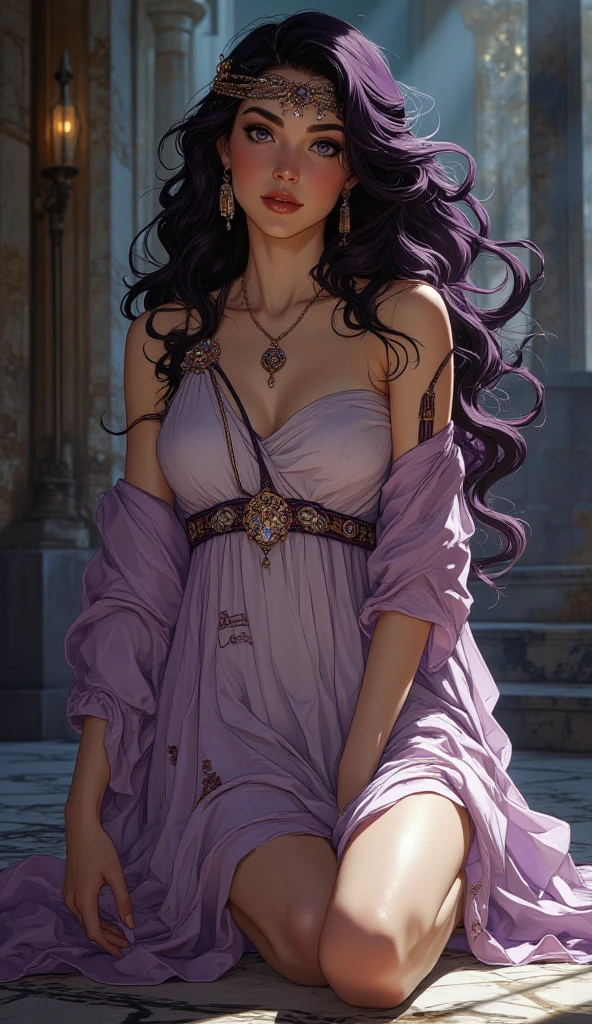 masterpiece, best quality, (upper body:0.5), solo, <lora:CARTOON_Hera_bloodofzeus_aiwaifu-10:0.7>, Hera_bloodofzeus_aiwaifu,aiwaifu,long_hair,jewelry,earrings,makeup,lipstick,blue_eyes,braid,purple_hair,breasts,dress,bracelet,single_braid,eyelashes,hoop_earrings,cape,very_long_hair,cleavage,eyeshadow,armlet,two-tone_hair,choker,asymmetrical_hair,long_skirt,side_slit,armband,bangle,blue_dress, realistic, photo-realistic,specular details,ultra-detailed, highly detailed, well defined objects, 8k uhd, dslr, soft lighting, high quality, Fujifilm XT3, (high detailed skin:0.3), (absurdres, highres, incredibly_absurdres:0.2),scenery,masterpiece,