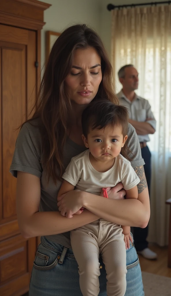 A woman holds her 3-year-old child
