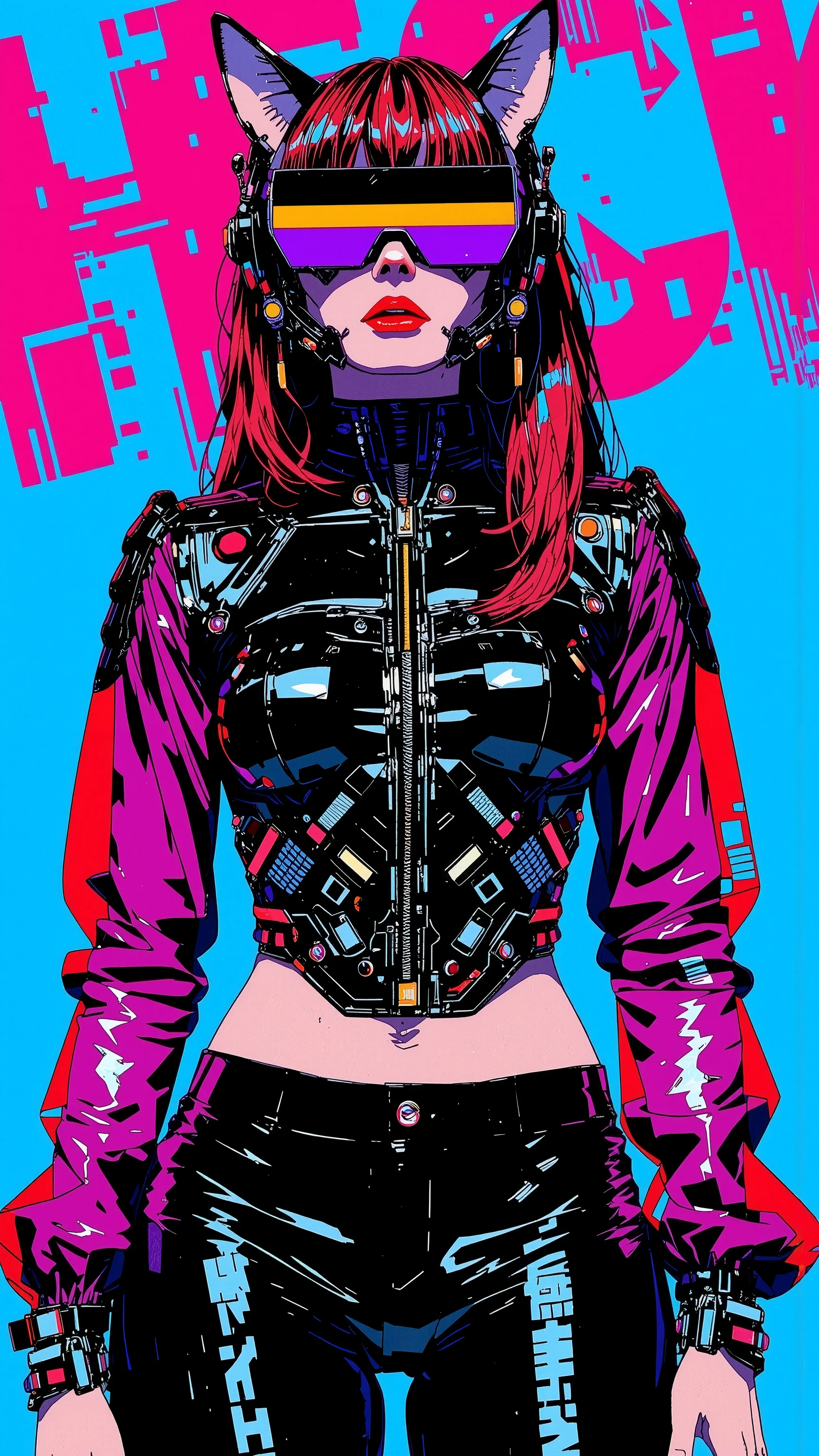 top-quality))、((masterpiece)、cyberpunked、catgirl, revealing cyberpunk clothing, purples, blues, reds, (andy warhol), illustrated anime, retro style classic, big breasts, no background, neon colorsplash background, glitter dust, ethereal, shiny skin,
