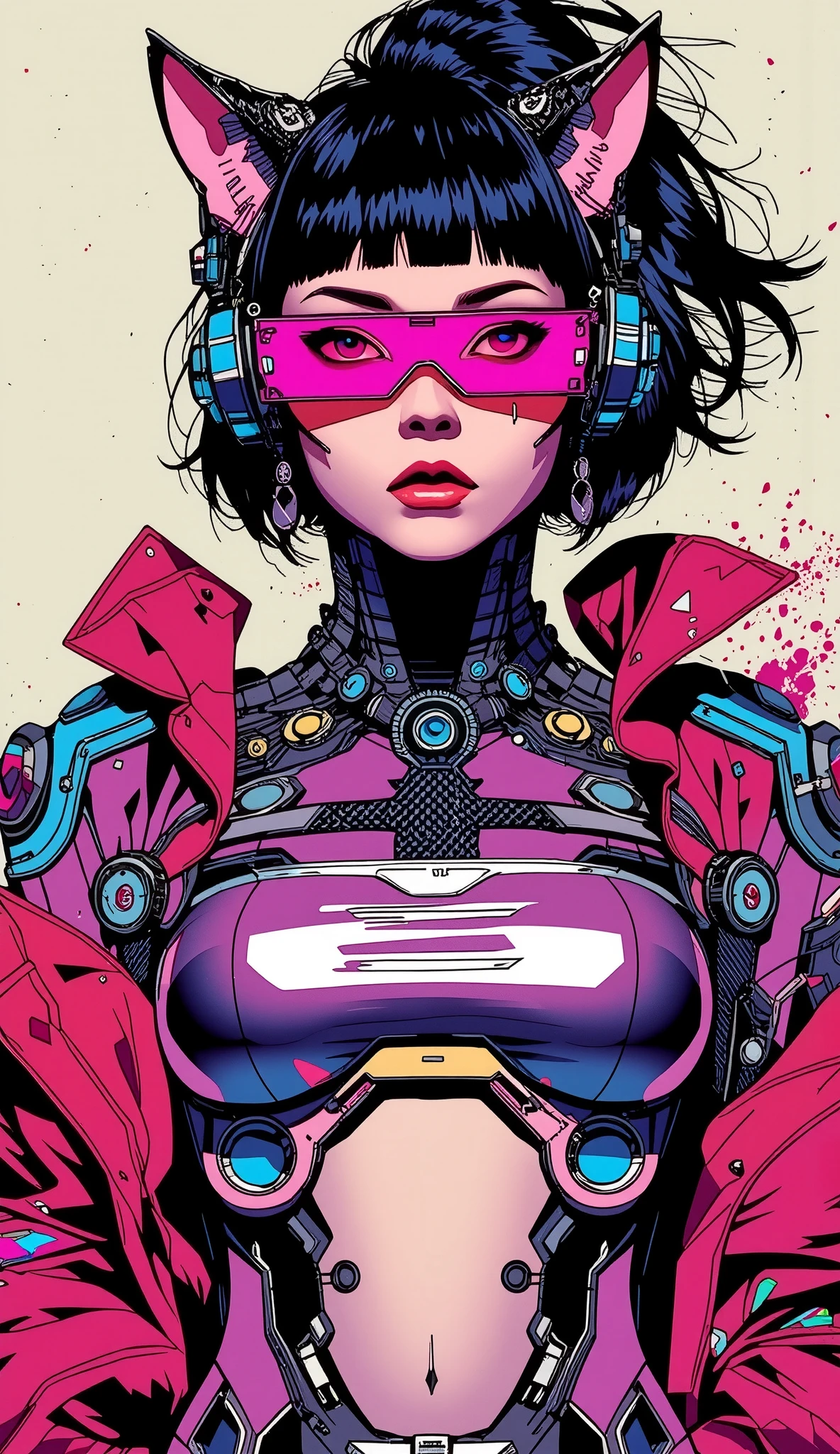 ((best qualityer)), ((Perfect masterpiece)), (detailded: 1.4), (absurdrez), (((whole body, corpo fitness, neckline showing part of the breasts)), (((Woman with black hair, blushful, pink lips pouting))), 21 year old woman, beautiful sexy woman, giant robot pilot, wild with perfect corpo fitness, wearing small mecha battle armor clothes, tiny thong, Simon Bisley styled for the cover of Heavy Metal magazine, clothing with Japanese cyberpunk graphic patterns, Halftone pattern and vertical stripes, earth tone, exiting the body of a giant robot
