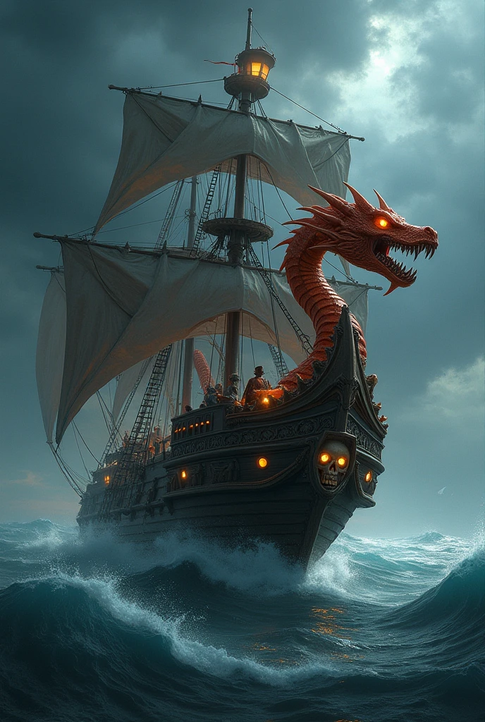 A big ship coated with red scales of a dragon with its figurehead as the dragon head
