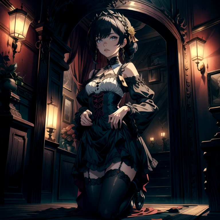 absurdres, RAW photo, extremely delicate and beautiful, masterpiece, Best Quality, ultra high resolution, 32k, hyperrealistic, ultra-detailed, in her 20s, delicate facial features, tearful mole, earring, medium breasts, full body shot, shorter middle hair, black hair, beautiful witch in her alchemist room, working on her project with a steaming cauldron filled with green glowing smoke, against the backdrop of a fantasy night with a full moon and a view from the window, dressed in a traditional witch outfit,