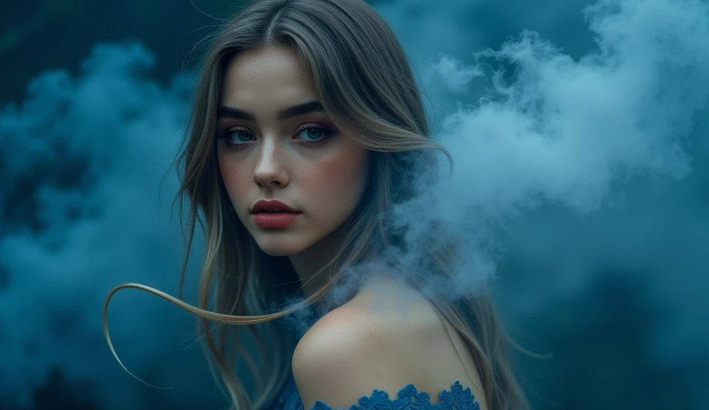 HighestQuali,tmasterpiece:1.2,Detailed details,Canon 5D, Magazines, editorial, Full archival shooting, Photo realism, young blonde woman,with fair skin,Supermodel, Accurate, Green smoke from hair, Blue smoke background, Soft red and blue light, The whole body walks in the fog from head to toe, ultra-detailliert, Photography