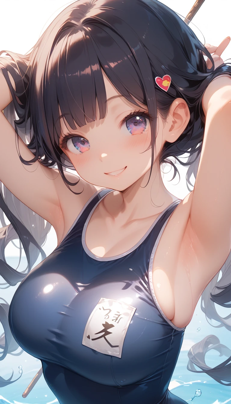 ((masterpiece, best quality)), high resolution,ultra detailed,8k,16k,detailed background, perfect lighting,detailed beautiful eyes, 1girl,solo,embarrassed,blush,in heat,look at viewer,face focus,(steam,sweat,from front,upper body:1.2),provocative eyes,wavy mouth,:d,fisheye lens,(show off armpits,arms up:1.3),(slender,kawaii),(nishino flower,purple eyes,horse ears,hair band,black hair,short hair,small breast,little body,short_body,flat color),blue school swimsuit