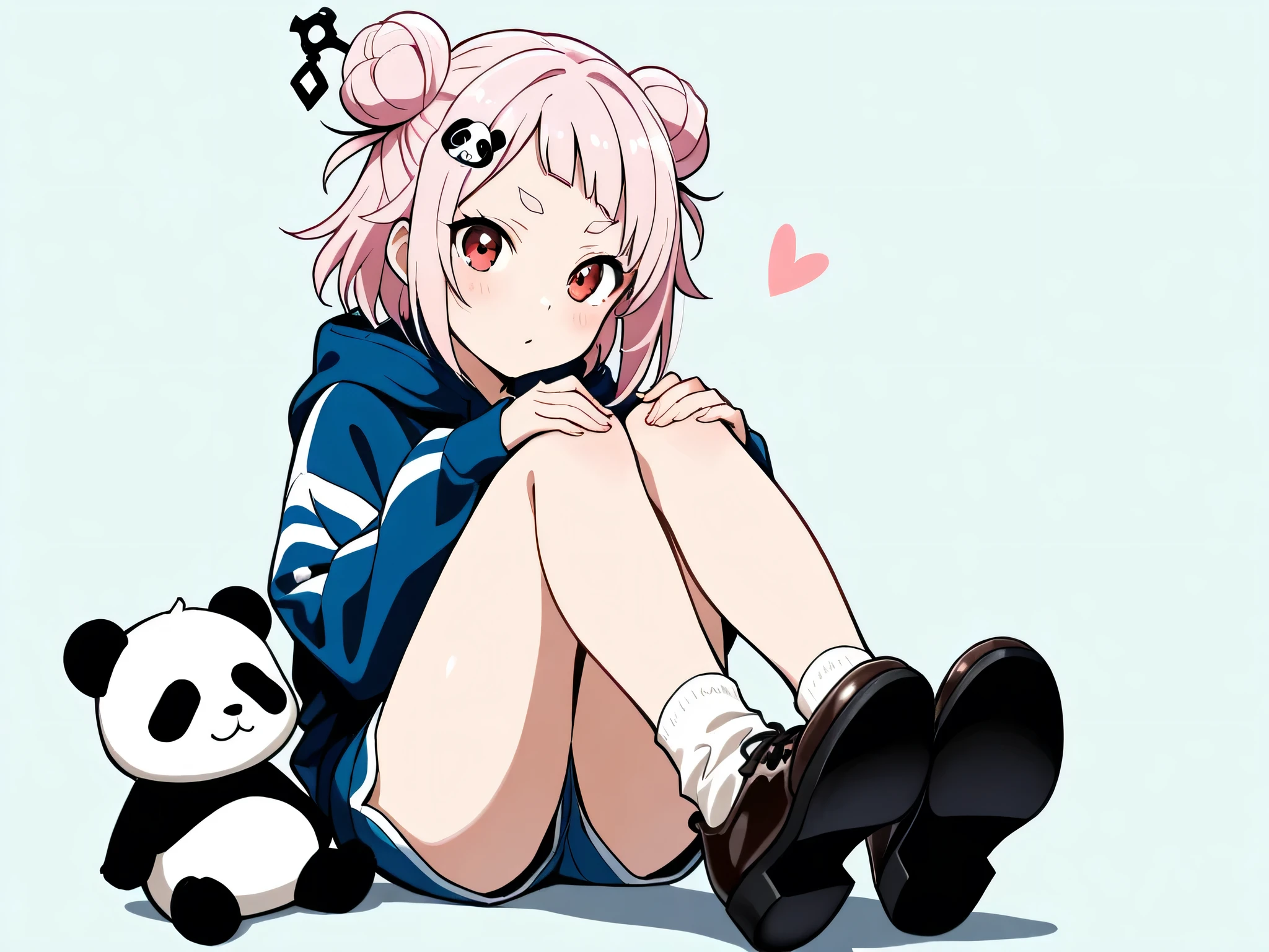 (masterpiece, top quality:1.2), Alone, 1 girl who died、light pink hair、small bun hair 、half twin 、short hair、Align your bangs、cut、 thin oval eyebrows 、panda face design hairpin、Red Eyes、山の中の池、Full body drawing、釣りをしている、大きな魚が泳いでいる