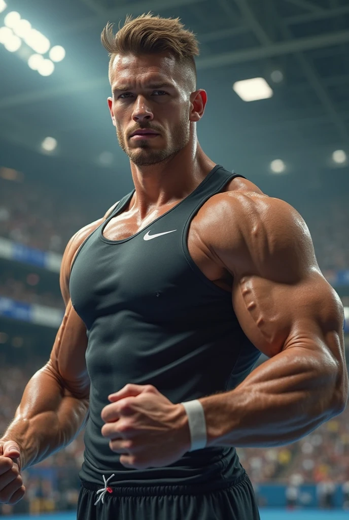 1 man rugby player ,Full body, smile, rugby player, sport pants, rugby tight esportive uniform, (Skinhead Hairline Crew Cut), skinheads have haircuts, Black hair cone , blue alluring large eyes, European 40yo man, (High shadow detail), muscular chest, long legs, left arm tattoo, large mouth, Wide shoulders , vpl bulge, slim waist, nice hands, rugby field.