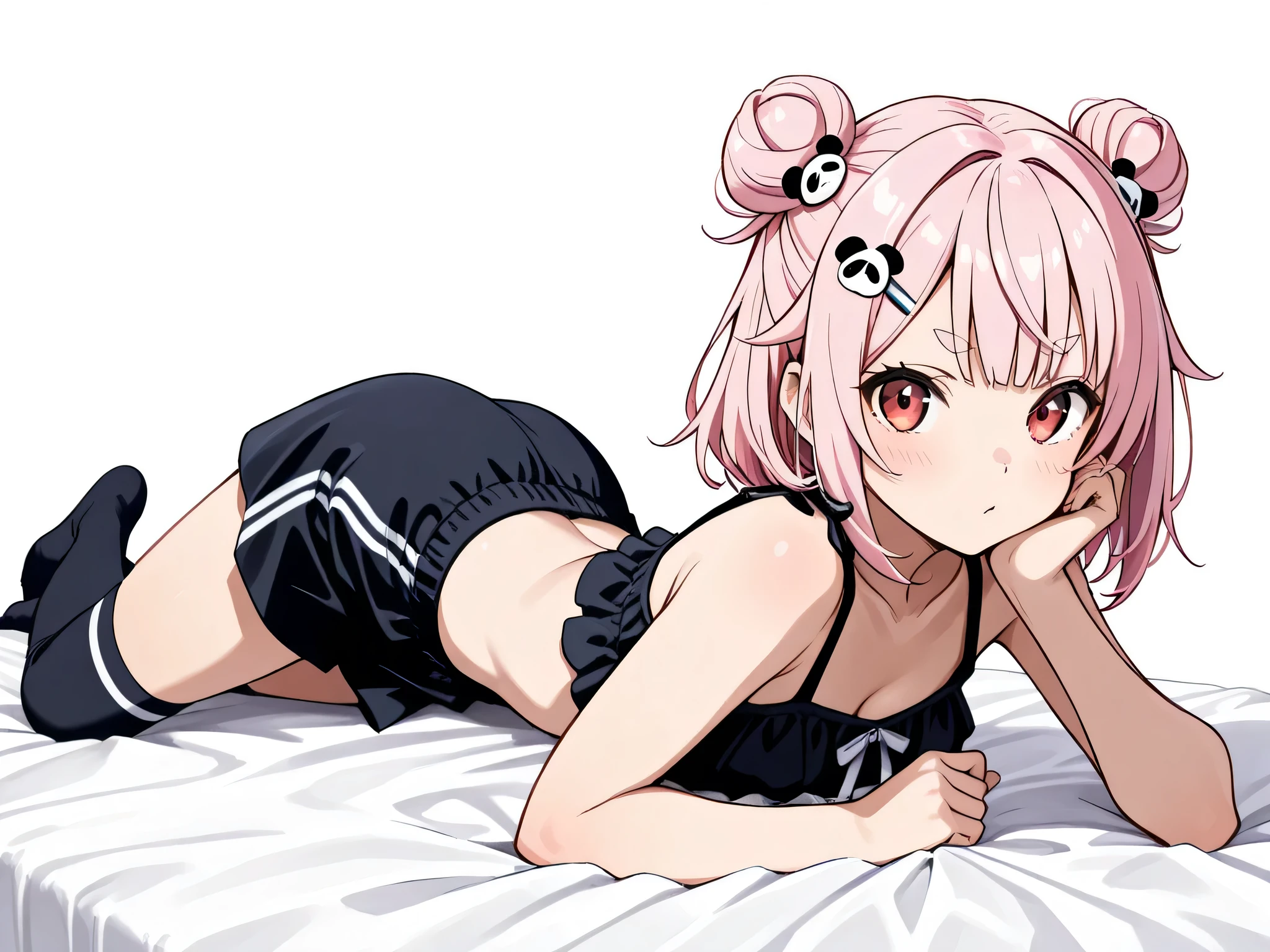 (masterpiece, top quality:1.2), Alone, 1 girl who died、light pink hair、small bun hair 、half twin 、short hair、Align your bangs、cut、 thin oval eyebrows 、panda face design hairpin、Red Eyes、山の中の池、Full body drawing、釣りをしている、大きな魚が泳いでいる