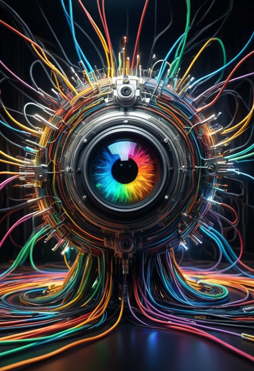 cybernetic eyes,The monster in the spotlight 、 beholder、Electrical cables、complex electrical circuits,Optical Lenses,Lens shine,rainbow,high resolution,4K Details ,Photo Real,Fine Art,digital art,SCENE SETTING , future,Technical ,Precision,dynamic light,vibrant colors, elegant atmosphere