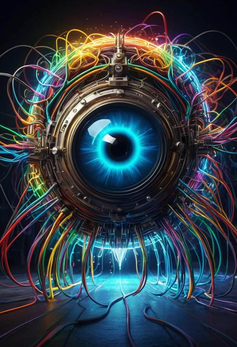 cybernetic eyes,The monster in the spotlight 、 beholder、Electrical cables、complex electrical circuits,Optical Lenses,Lens shine,rainbow,high resolution,4K Details ,Photo Real,Fine Art,digital art,SCENE SETTING , future,Technical ,Precision,dynamic light,vibrant colors, elegant atmosphere