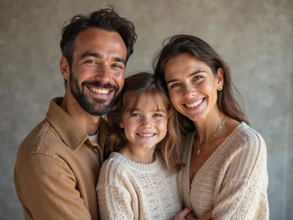 Avec l&#39;IA, faites une photo de deux personnes avec les traits d&#39;Henry Cavill et de Negin Mirsalehi, il à les cheveuc long et noir, elle a les cheveux blonds et porte des lunettes. Et avec leurs enfants, un garçon de trois ans avec des cheveux noirs atteignant son front et une fille de 5 ans, aux cheveux courts 
