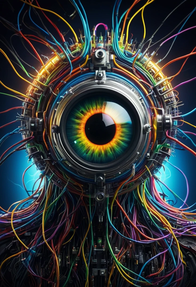 cybernetic eyes,The monster in the spotlight 、 beholder、Electrical cables、complex electrical circuits,Optical Lenses,Lens shine,rainbow,high resolution,4K Details ,Photo Real,Fine Art,digital art,SCENE SETTING , future,Technical ,Precision,dynamic light,vibrant colors, elegant atmosphere