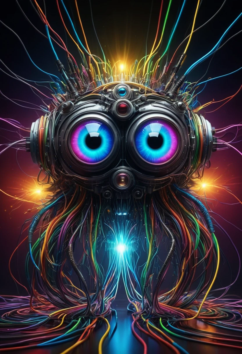 cybernetic eyes,The monster in the spotlight 、 beholder、Electrical cables、complex electrical circuits,Optical Lenses,Lens shine,rainbow,high resolution,4K Details ,Photo Real,Fine Art,digital art,SCENE SETTING , future,Technical ,Precision,dynamic light,vibrant colors, elegant atmosphere