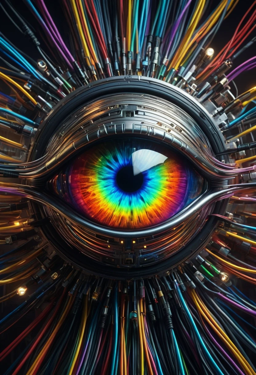 cybernetic eyes,The monster in the spotlight 、 beholder、Electrical cables、complex electrical circuits,Optical Lenses,Lens shine,rainbow,high resolution,4K Details ,Photo Real,Fine Art,digital art,SCENE SETTING , future,Technical ,Precision,dynamic light,vibrant colors, elegant atmosphere