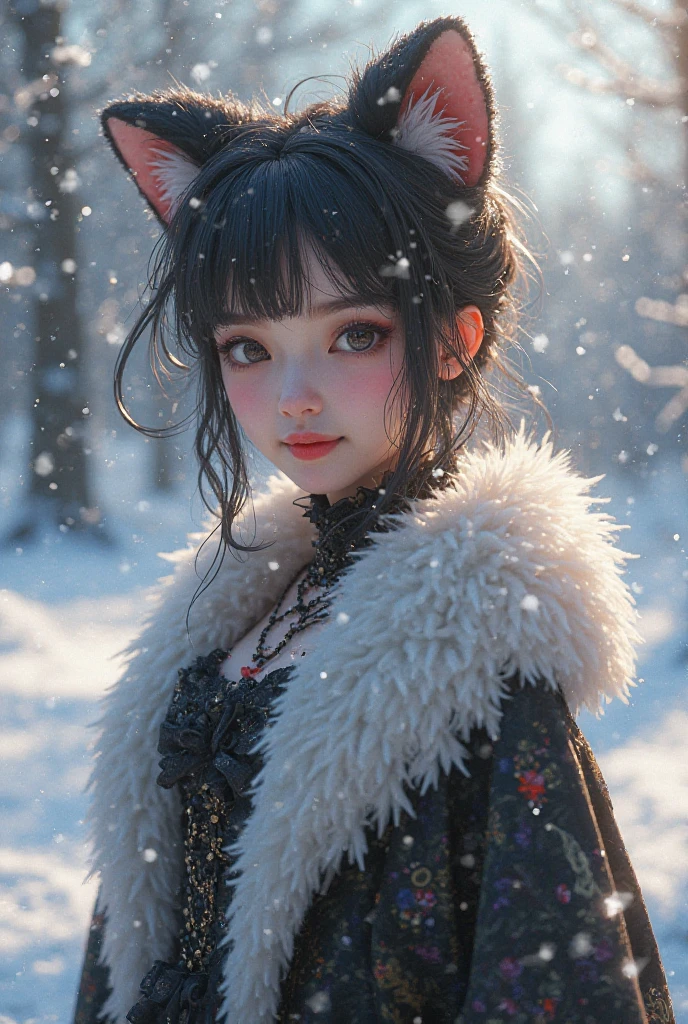an innocent girl(wearing glasses) with exposing white thin full dress,(small breasts),with fluffy cat ears, with snow-color hair, with snowy background, wet, delicate skin,(8k, extremely detailed, flawless world, masterpiece)