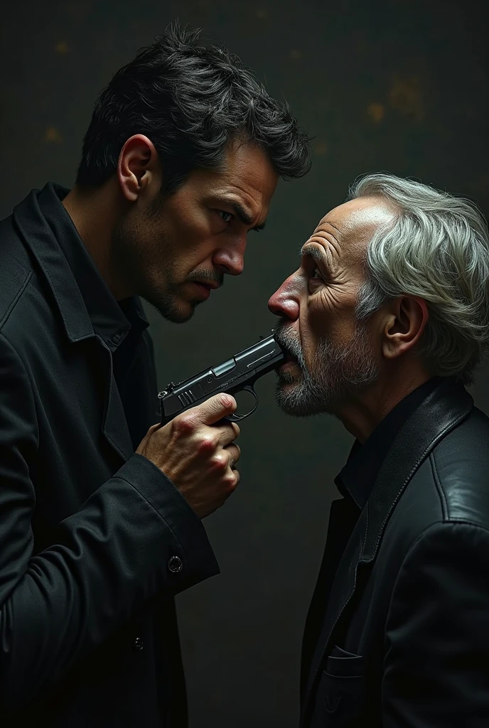 a man shattering an antique ceramic vase on an elderly man's head, blood splatter, crime scene, dramatic lighting, photorealistic, cinematic, dark and gritty, moody, intense, oil painting, reddish tones