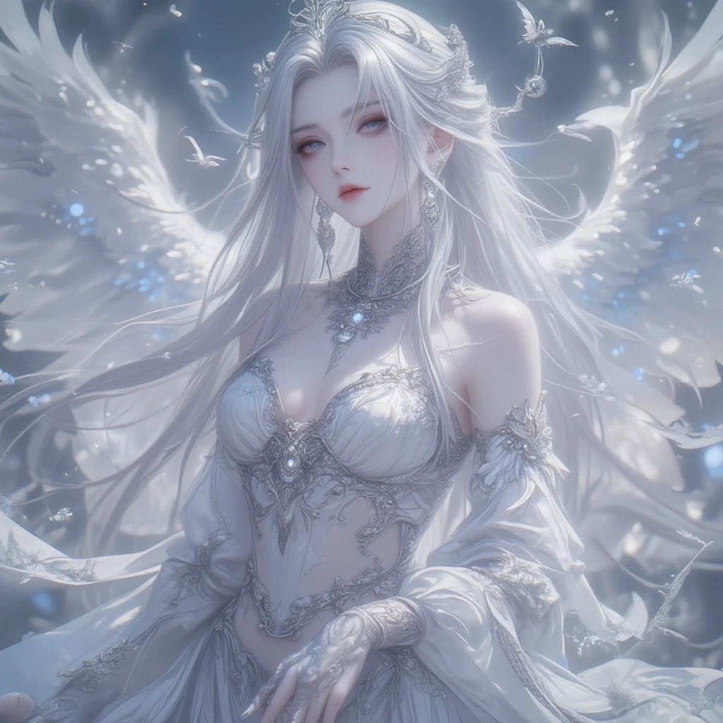 White hair , (((White luminous dress , White giant dress , Dress glitter , dress ))) ,Beautiful dance dynamics , Long legs , small thighs((Huge long white hair,Glowing coat , Long flowing hair))offcial art , Unity8k wallpaper , Ultra detailed , Beautiful and beautiful , Masterpiece , Best quality ,Realistic((Huge long white hair,Glowing coat , ))Masterpiece , Best quality , Ultra-detailed , very detailed illustration ,Extremely detailed , Intricate details , .White luminous dress , White giant dress , Dress sequins , Dress made of aurora , ultra intricately detailed , Very detailed 8KCG wallpaper , Cowboy shot , Caustics .Reflection , Ray tracing , Demon Theme ,Starcloud ,Dark aura, cyber effect , (1girll:1.4)Solo , Little blue butterfly , Surrounded by dozens of monarch butterflies , Huge long white hair shiny quilt hair , (Blue plasma flame , (insect , Butterflies))Long blue crystal dress , There are butterflies on the huge skirt , .Holy Light Butterfly Angel , Butterfly wings , in the style of rococo pastel hues ,Light white and light dark red , unbelievable beautiful , Cherry blossoms , sparkling water reflections , Soyuz , Flowing , Surreal ,Painting , Ethereal , Elsa Bleda , stockphoto, Mixed reality and fantasy elements ,vray tracing , Intricate patterns , delicated lines , made of crystals , Refine your hands ,Refine your hands , Refine your hands, Starry , Colorful , stars , (sharp focus on face) , (foreshortening:1.1 Omitted_above:0.3 , fish eye:1.1)