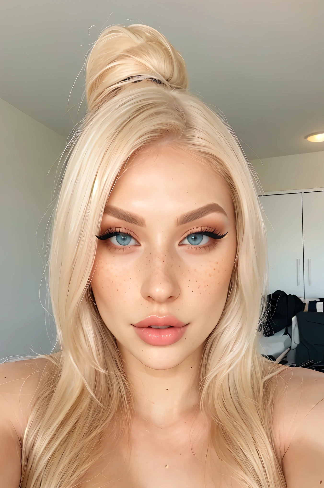 upper body photo of Pavoxy, platinum blonde hair, makeup, long eyelashes, blue eyes, freckles,