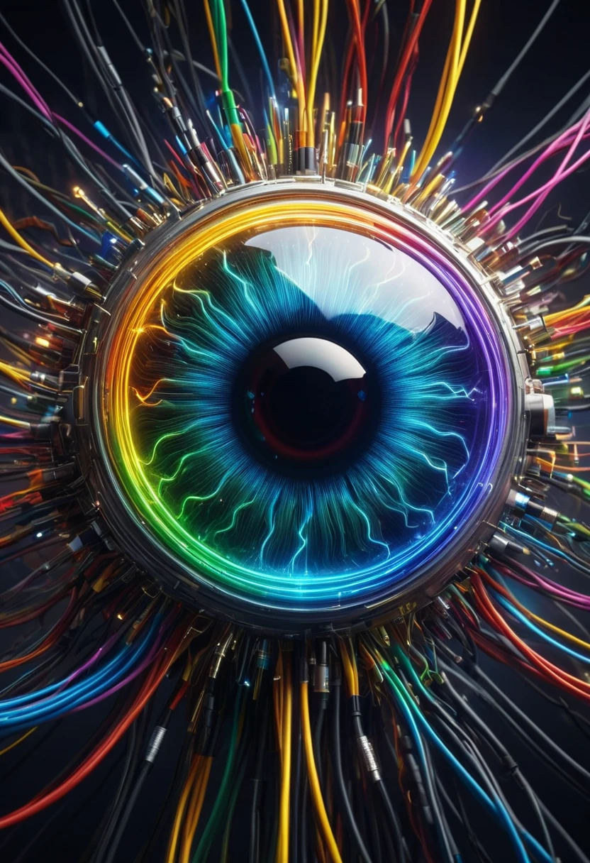 cybernetic eyes,The monster in the spotlight 、 beholder、Electrical cables、complex electrical circuits,Optical Lenses,Lens shine,rainbow,high resolution,4K Details ,Photo Real,Fine Art,digital art,SCENE SETTING , future,Technical ,Precision,dynamic light,vibrant colors, elegant atmosphere