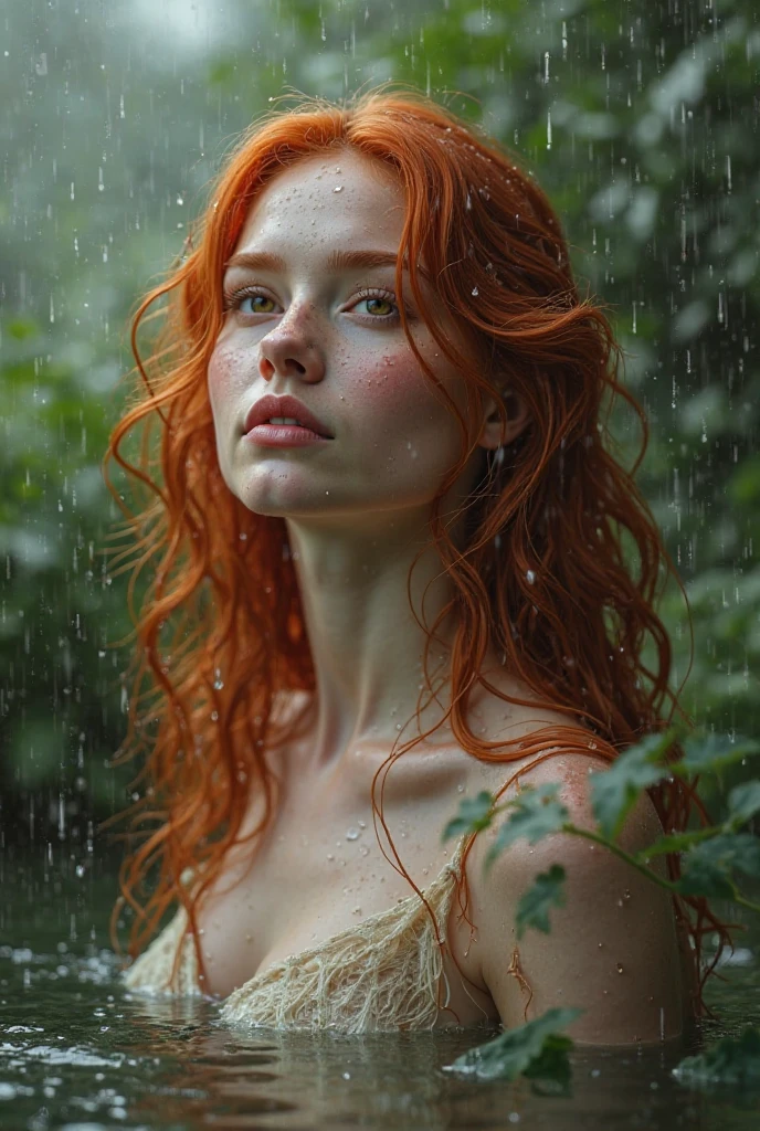 topless, naked tits, smiling, young women, posing, street, redhead, long curly hair, hair blowing in the wind, many freckles on the body, skinny body, (many freckles on the face), half face in shadow, complete wet body, complete wet hair, white skin color, mainly cloudy, fog, storm, rain, photorealistic eyes, reflection in the eyes, detail face, detail backgrounds little blur, reflection from wet, not much light on models, light orange lights, correct shadows, HDR, Ultra 4K, photo realistic, professional photo