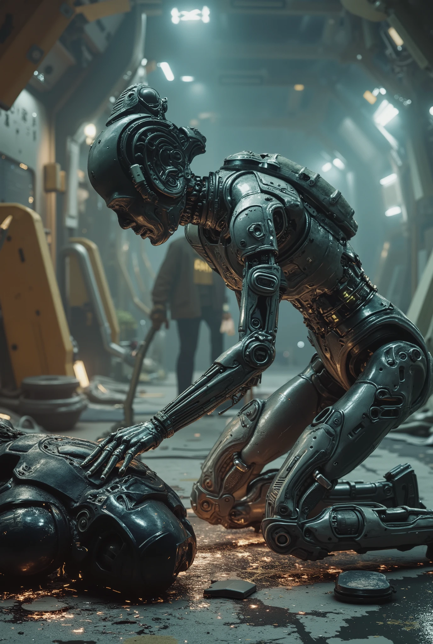 Android with transparent skin showing the mechanism of her body with LEDs between them, He's crouching up fixing another android on the broken floor with sparks coming out, Look at the camera , Cyberpunk city background with characters from different galactic backgrounds, realism, 4K, 8k,