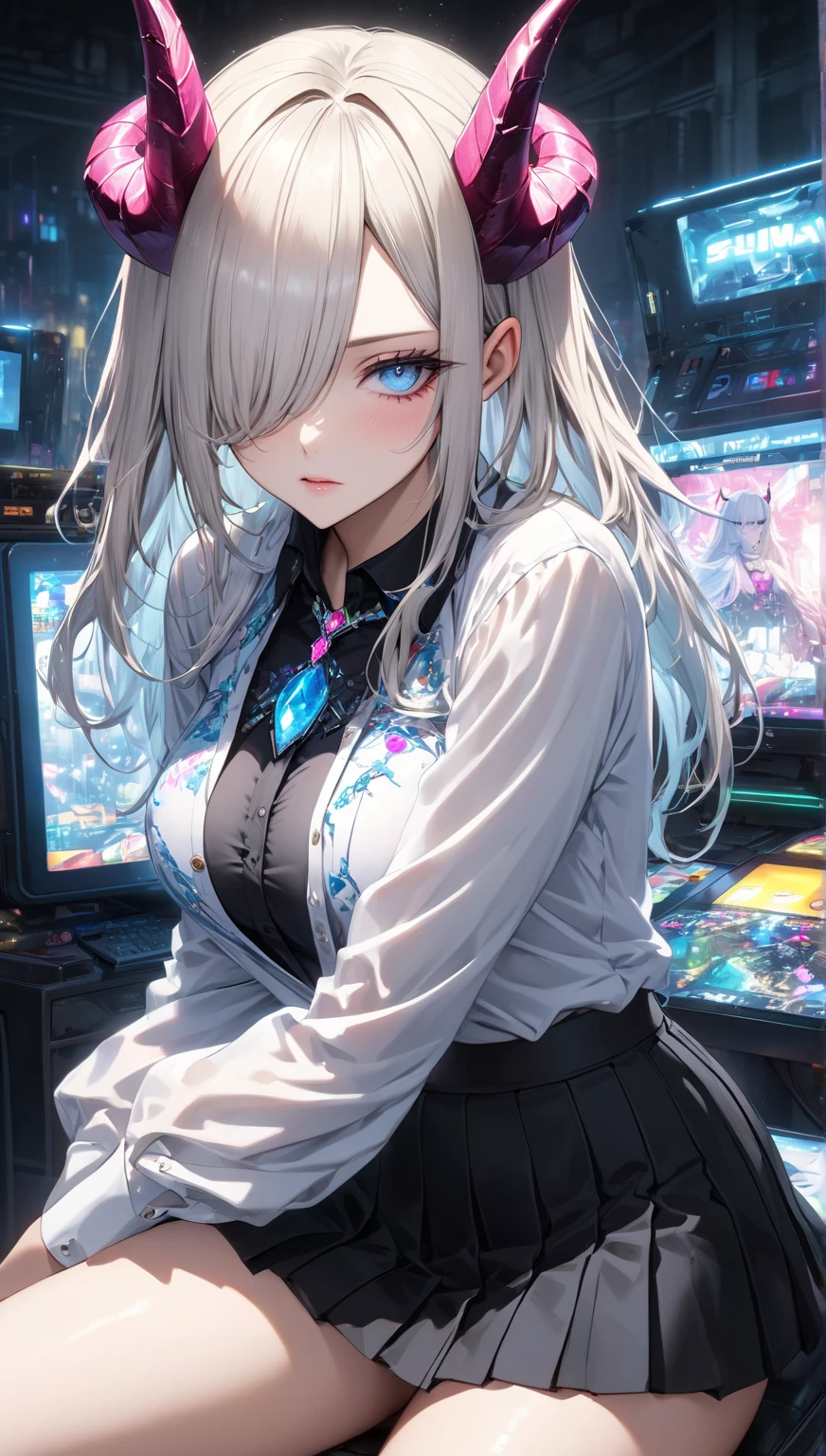 This illustration depicts a cute girl playing slots while smoking a cigarette. She has a cigarette in her hand and her eyes sparkle. The room has a futuristic feel with the walls colored like a casino. However, the most noteworthy thing is the "last mysterious high-energy body" she emits. This energy body released from her body has the power to obliterate the garbage in the store. The pale light reaches every corner of the room. She is sitting in a plush chair and is wearing a bunny girl outfit. I'm obsessed with the game.