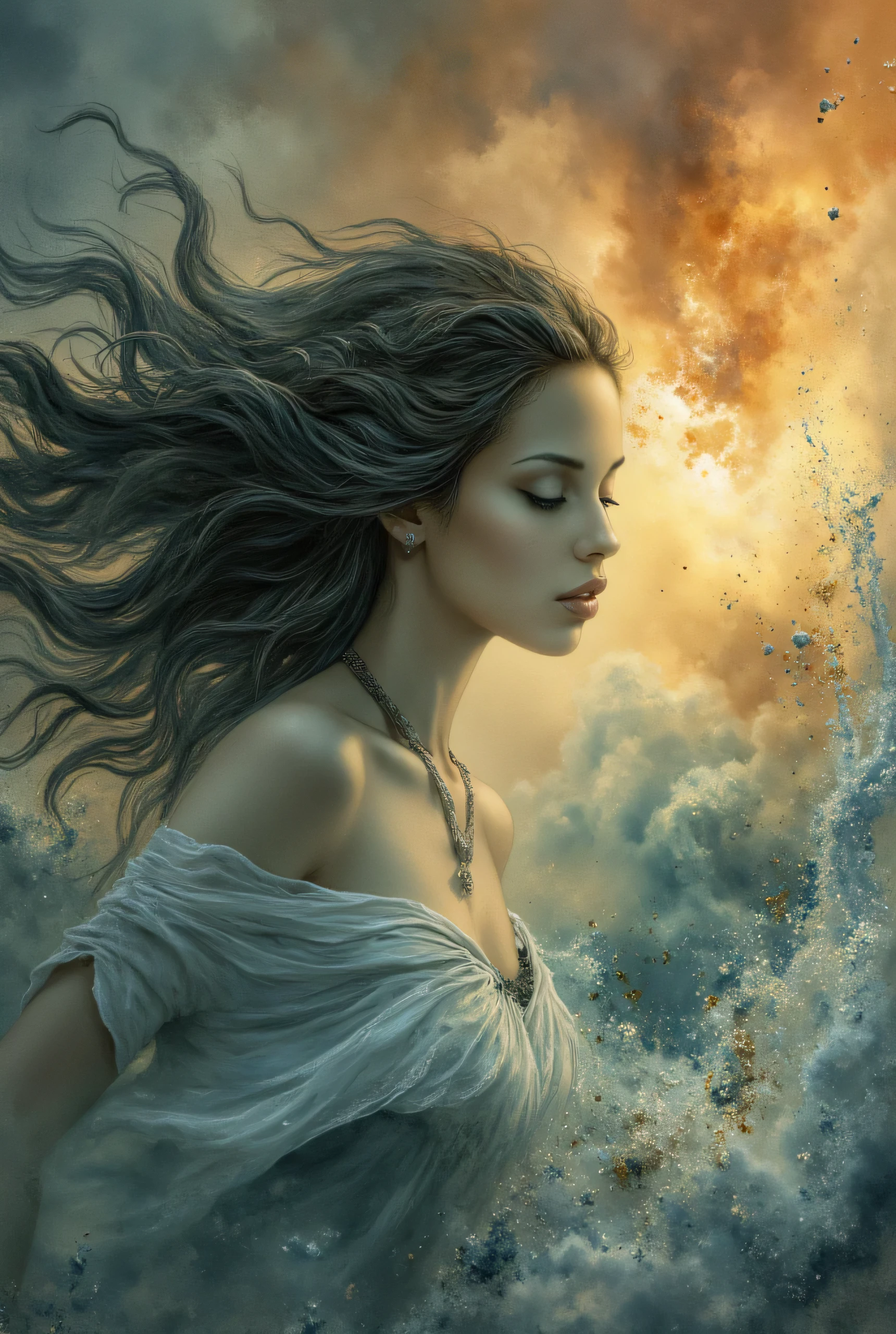 Drifting in the currents of time, where the wind whispers forgotten stories and emotions swirl like brushstrokes on a canvas. Her hair and dress flow like waves, dissolving into the vibrant storm of colors that mirror the depths of her soul. With eyes cast downward, lost in quiet contemplation, she carries the weight of unspoken words and untold dreams. In this moment, time bends, emotions blur, and the lines between reality and abstraction dissolve into a mesmerizing dance of motion and light. Closeup portrait by Luis Royo