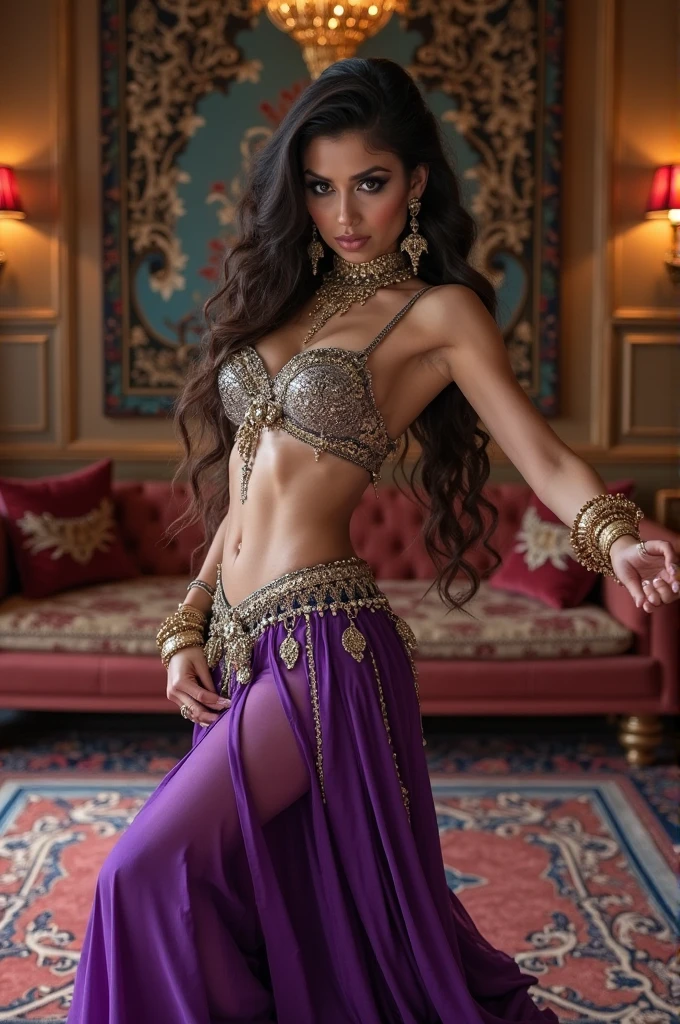 Create a character that has volume in the buttocks is chest. strong in a short silk outfit and possess gold and purple gemstone accessories and be muscular and have torn clothing parts showing their sexual parts briefly exposed
