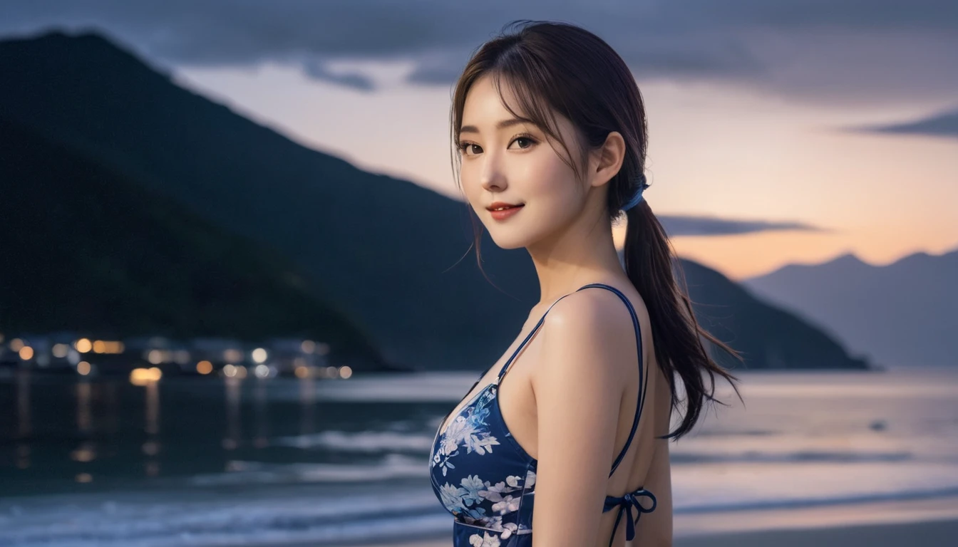 A beautiful 2 Japanese woman with her hair tied back in a ponytail stands on a quiet beach near a towering mountain under the night sky. She wore a blue, floral-patterned swimsuit that accentuated her curvaceous figure, accentuating her firm and well-proportioned breasts. The soft glow of moonlight illuminates the view, reflecting off the gentle waves and casting a silvery glow on the mountains in the background. She smiled broadly and sweetly, her joyful expression adding warmth and charm to the calm and magical atmosphere of the evening.