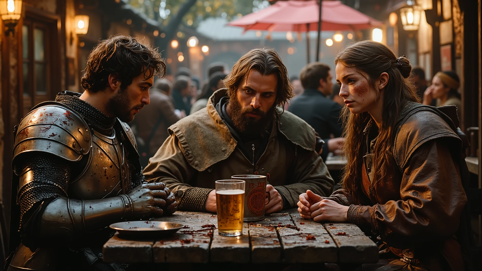 3 people sitting at a table in a crowded, rowdy medieval beergarden: Person 1: A haggard, Caucasian male knight in dented, blood-streaked platemail armor sitting at a scarred picnic table in a crowded, rowdy medieval beergarden, clean shaven with brown hair crewcut matted with grime and highlights dulled by ash, pale white face skin streaked with dirt, sunken brown eyes haunted and depressed, a sheathed sword weapon and shield propped against the table, clutching a dented pewter tankard of beer in a hand dusted with dried mud, a tattered satchel spilling bones and trinkets at his side, the air thick with the stench of decay and despair. Person 2: A haggard, soldier in ripped, blood-streaked leather armor sitting at a scarred picnic table in a crowded, rowdy medieval beergarden, long brown hair and beard matted with grime and streaked with ash, pale young white face skin streaked with dirt and scars, sunken brown eyes bright as he laughs , a sheathed sword weapon propped against the table, clutching a dented pewter tankard of beer in a hand dusted with dried blood, a tattered satchel containing the torah and alchemy trinkets at his side, the air thick with the stench of decay and despair. Person 3: A haggard caucasian female paladin in dented, blood-streaked platemail kimono sitting at a scarred picnic table in a crowded, rowdy medieval beergarden, brown long hair matted with grime and highlights dulled by ash, pale white face skin streaked with dirt, sunken brown eyes haunted and depressed, clutching a tarnished silver cup of wine in a hand dusted with dried mud