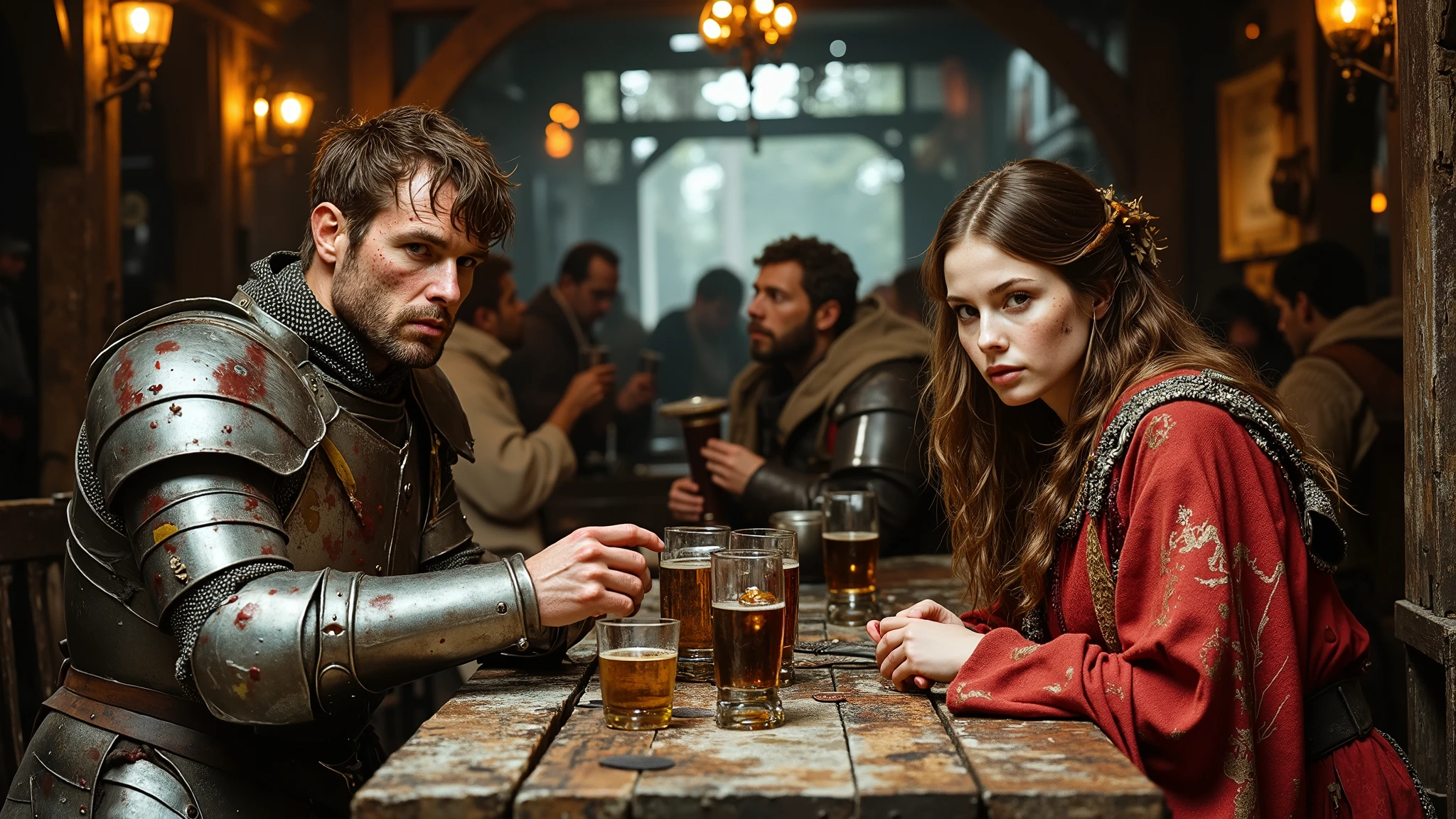 3 people sitting at a table in a crowded, rowdy medieval beergarden: Person 1: A haggard, Caucasian male knight in dented, blood-streaked platemail armor sitting at a scarred picnic table in a crowded, rowdy medieval beergarden, clean shaven with brown hair crewcut matted with grime and highlights dulled by ash, pale white face skin streaked with dirt, sunken brown eyes haunted and depressed, a sheathed sword weapon and shield propped against the table, clutching a dented pewter tankard of beer in a hand dusted with dried mud, a tattered satchel spilling bones and trinkets at his side, the air thick with the stench of decay and despair. Person 2: A haggard, soldier in ripped, blood-streaked leather armor sitting at a scarred picnic table in a crowded, rowdy medieval beergarden, long brown hair and beard matted with grime and streaked with ash, pale young white face skin streaked with dirt and scars, sunken brown eyes bright as he laughs , a sheathed sword weapon propped against the table, clutching a dented pewter tankard of beer in a hand dusted with dried blood, a tattered satchel containing the torah and alchemy trinkets at his side, the air thick with the stench of decay and despair. Person 3: A haggard caucasian female paladin in dented, blood-streaked platemail kimono sitting at a scarred picnic table in a crowded, rowdy medieval beergarden, brown long hair matted with grime and highlights dulled by ash, pale white face skin streaked with dirt, sunken brown eyes haunted and depressed, clutching a tarnished silver cup of wine in a hand dusted with dried mud
