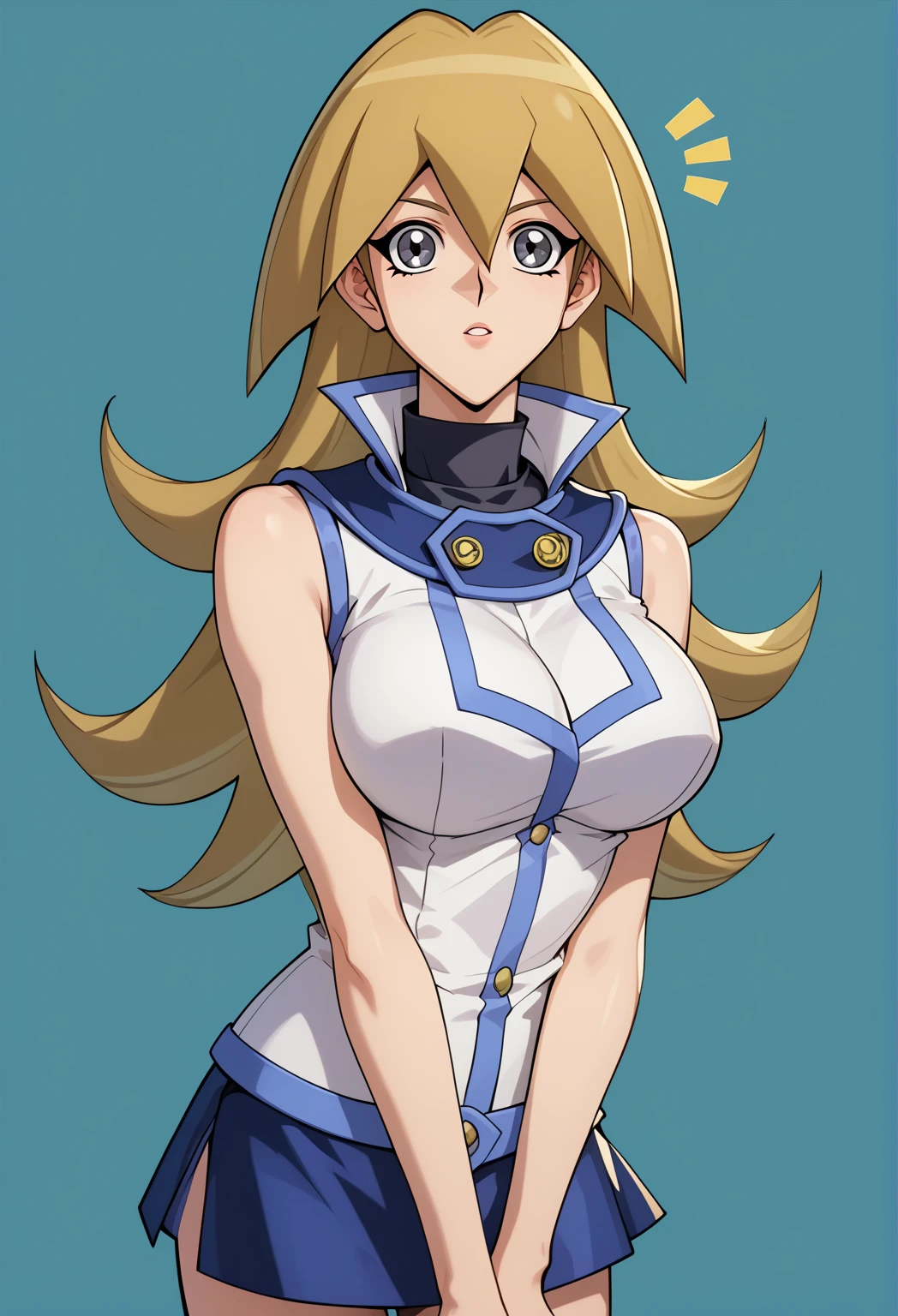punctuation_9_arriba, punctuation_8_arriba, punctuation_7_arriba,punctuation_6_arriba, punctuation_5_arriba, punctuation_4_arriba, ,a girl, Alone , big breasts, yu-gi-oh!gx, yu-gi-oh!, jasmine (yu-gi-oh gx), gray eyes, dueling academy uniform, momoehama,, sleeveless jacket, blue skirt, high neck , courtship, Cowboy shot, simple background