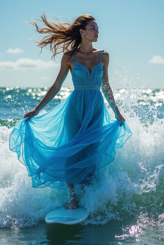 highest quality,masterpiece,Ultra-high resolution,(Actual:1.4),Original photo,Ultra-high resolution,8K,There is a woman,Fair skin,Exquisite makeup,Big waves,Turquoise Dress,High heels,Long legs,Bright and beautiful,Sexy Random Poses,Lively poses,