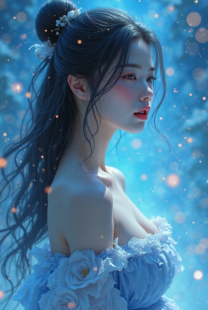 high resolution,High-resolution details,(snowstorm, desolving:1.3), Greg Rutkowski Style, 18 years old Korean girl,Delicate facial features,Smiling at the camera,Lots of details, symmetry, Dark Fantasy, Dark Plants, complex, Tattoo, full of imagination, Very detailed