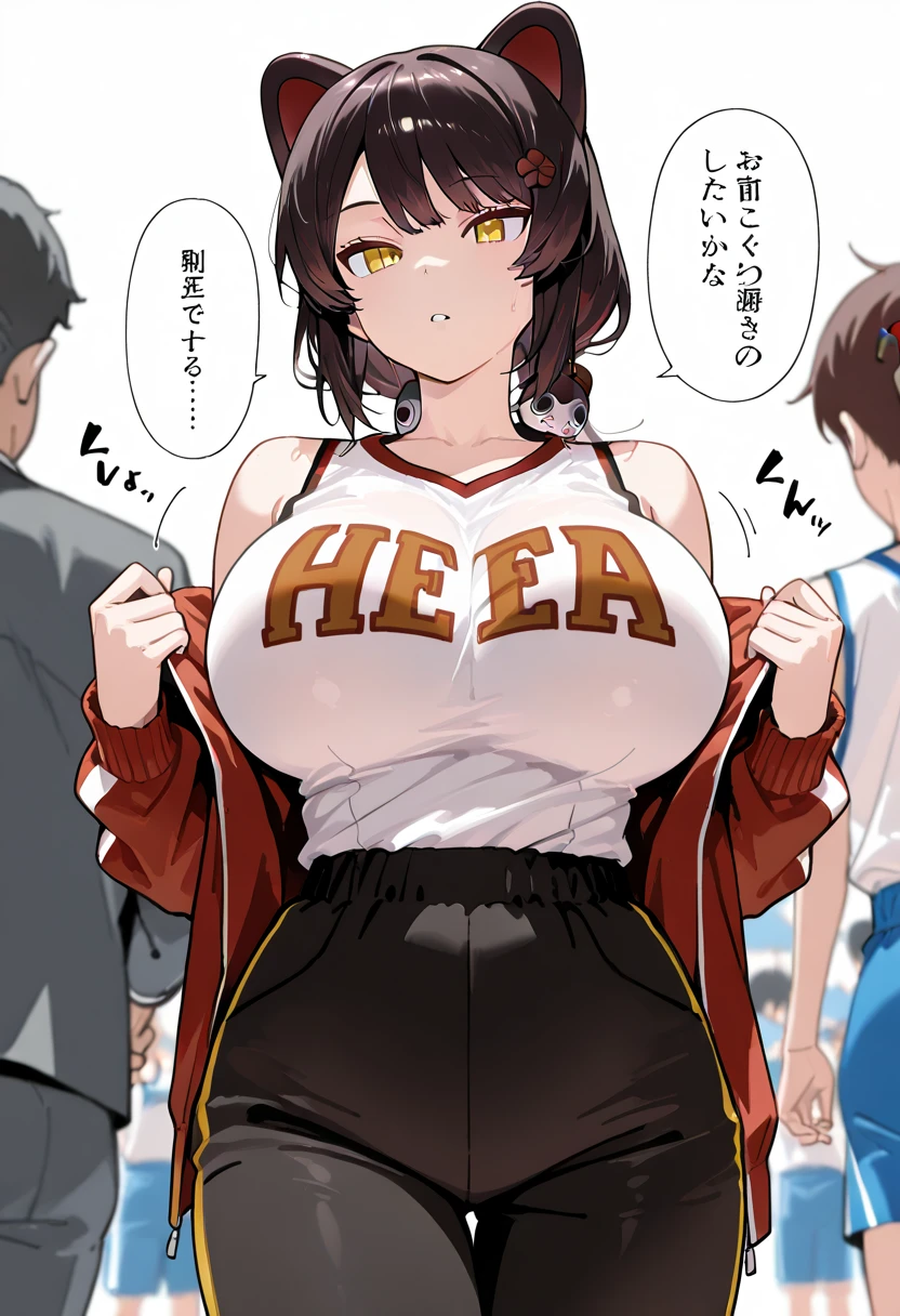 muscular girl huge breasts against wall black hair yellow eyes frown sad blushing tight red shirt muscular muscular