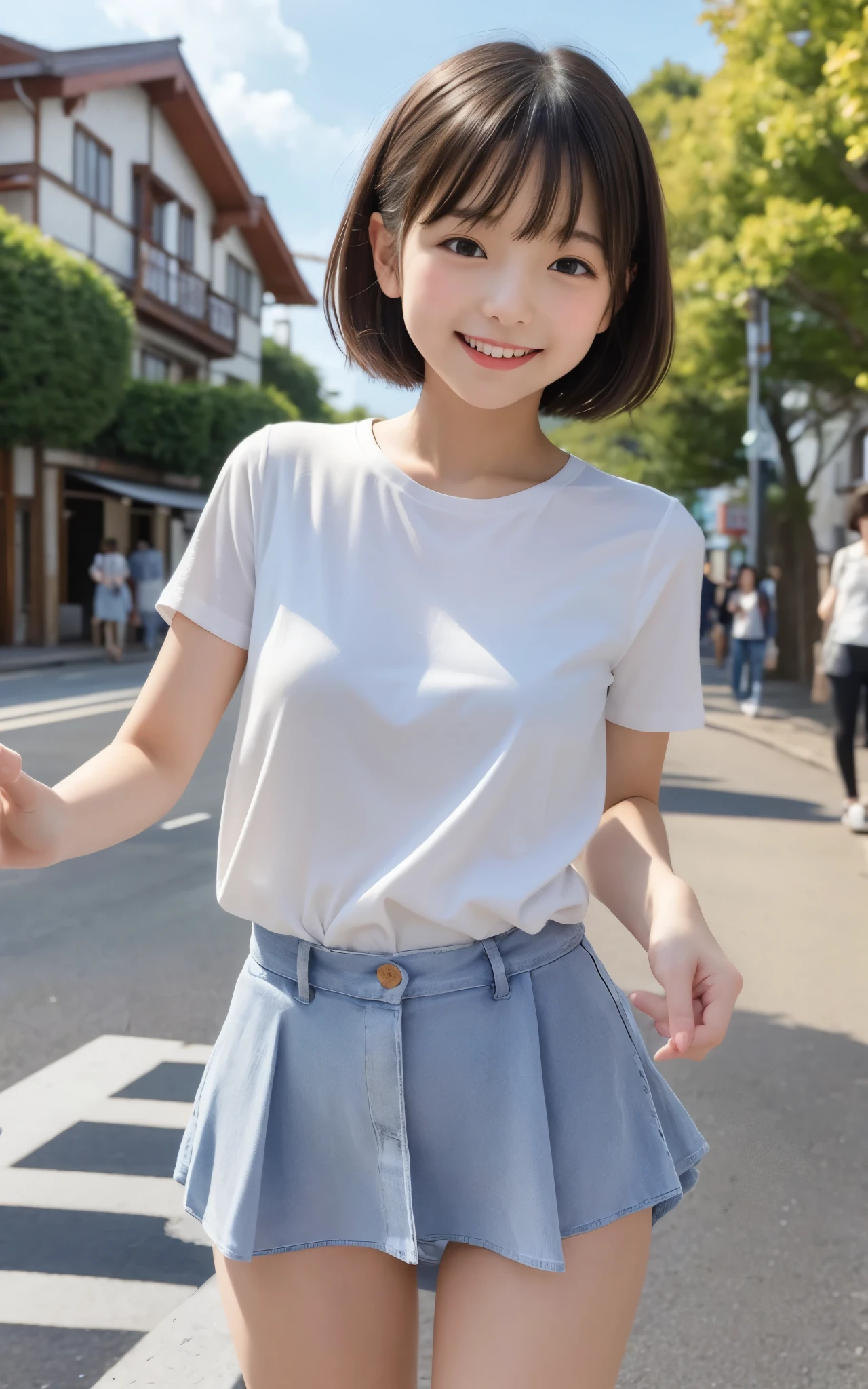 ((top quality)), ((masterpiece)), Realistic im ages 、Other than the front、Very bright expression、 big smile、 Japanese Girls、 realistic im age of the eye area 、small、 とてもpetites、、 、small 、petites、age、Medium bob hair 、 black hair、  slim、  body 、 very thin body、 very short、Thin arms、 Read more、Short legs、square、、  body 、  slim、 slimming、、  has a bright smile、real face、small、長袖のlolitaファッション服、 lolita、 's body、、thin body、Walk、bustling theme park background、miniskirt、Peeking from below、Image taken from below 、Photograph from below、Photograph from below、panties、,とても嬉しそうにWalk、smiling with my mouth open、sticking out the tongue、
toddler body、