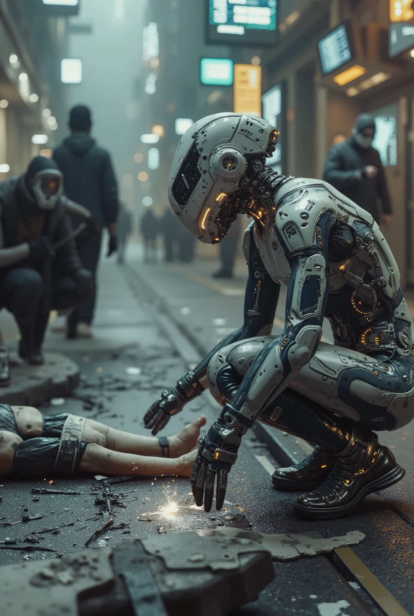 Android with transparent skin showing the mechanism of her body with LEDs between them, is crouching down fixing another android on the broken floor with sparks coming out, Look at the camera , Background is on the street of a cyberpunk city with characters from different galactic backgrounds, realism, 4K, 8k,