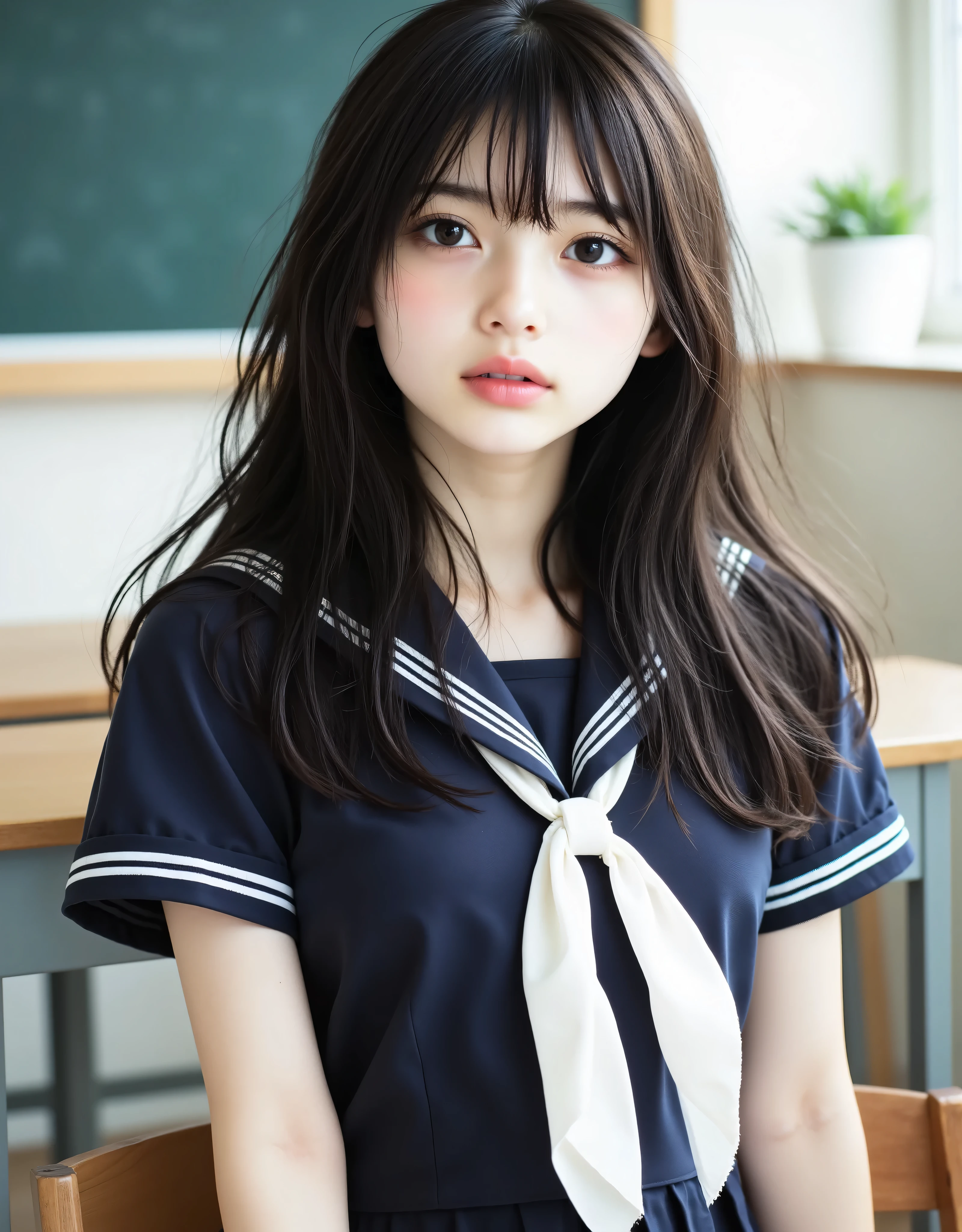 (Canon), (EOS R5), (50mm), (((Photorealistic:1.5))), ( No Lens Flare :1.5), ((超high resolution)), (masterpiece), accurate,(Realistic texture skin), Super Detail, high detail, high quality , winning work, 最high quality, 32K, depth of field, digital camera, Award-winning Glamour Photos , professional lighting, (SFW), ((最high quality:1.5)), ((masterpiece:1.5)), ((realistic)), high resolution, realistic shadows , Roughness, Real Life,(very beautiful and cute single Japanese woman), (The cuteness of a top Japanese idol), ((Upper body shot seen obliquely from the front :1.5)), (( upper body shot from head to knee :1.5)), (( cute 18-year-old Japanese high school girl )), ((High School Classroom, desk, chair, blackboard, and window visible )), (((Navy Blue Short Sleeve Sailor Suit:1.8))), (((I'm sitting on a chair wearing a short-sleeved navy blue summer suit with dark blue collar and 3 white lines and a Navy Blue Flare Skirt:1.8))), (( short sleeve navy blue sailor suit with dark blue collar and breastplate :1.8)), (( no front buttons on a sailor suit :1.8)), (( sailor suit's chest is dark blue and has 3 white lines :1.5)), ((Navy Blue Flare Skirt:1.5)), ((red scarf for sailor suit:1.8)), ((Navy blue scarf closure :1.5)), ((No Accessories:1.5)), ((no earrings:1.5)), ((Without necklace:1.5)), ((Women's watch on her left arm )), ((very cute high school girl who feels young)), Attractive cuteness , seductive pose, Height: 160cm, slim figure, Beautifully shaped bust, D Cup, ((A little teeth showing, very cute smile:1.5)), (alone:1.5), (There is only one person in the classroom), (brown eyes:1.9), ( Detailed depiction of extremely realistic skin ), (Highly detailed, realistic eyes:1.9), ( extremely beautiful long realistic eyelashes ), (Highly detailed, realistic eyebrows), (丸いbrown eyes :1.8), ( beautiful catchlight on the eyes), (Realistic lips with moisture ), (White Realistic Teeth Arrayed Neatly), ( Beautiful and Detailed Face :1.6), (hourglass figure:1.6), (Wasp waist :1.5), (Perfectly round and beautifully shaped breasts:1.8), ( clearly contoured cheekbones :1.5), (perfect style body :1.8), (Healthy body :1.8), (Narrow shoulders:1.9), (Looking at the Audience), (mesmerizing gaze), (Beautiful, natural-looking hands), (beautiful pink nails with a beautiful length), ( show your hands as little as possible ), ( very cute smile:1.1), ( her stomach and navel may be slightly visible:1.4), (Dark Hair Medium Hair :1.3), (beautiful black hair), ( Has bangs), natural vibe, Very cute type, beautiful thighs, (( evening classroom )), (( with a pencil case and notebook on her desk :1.4)), (( show your hands as little as possible )), ((I can't show my feet)), blur the background, Illuminate the face, dynamic pose, beautiful body line , Beautiful, realistic skin , Art Photography, BEAUTIFUL SOFT LIGHTING, Accurate , Accurate , Accurate,5 fingers on one hand ,((No watermark, No signature))
