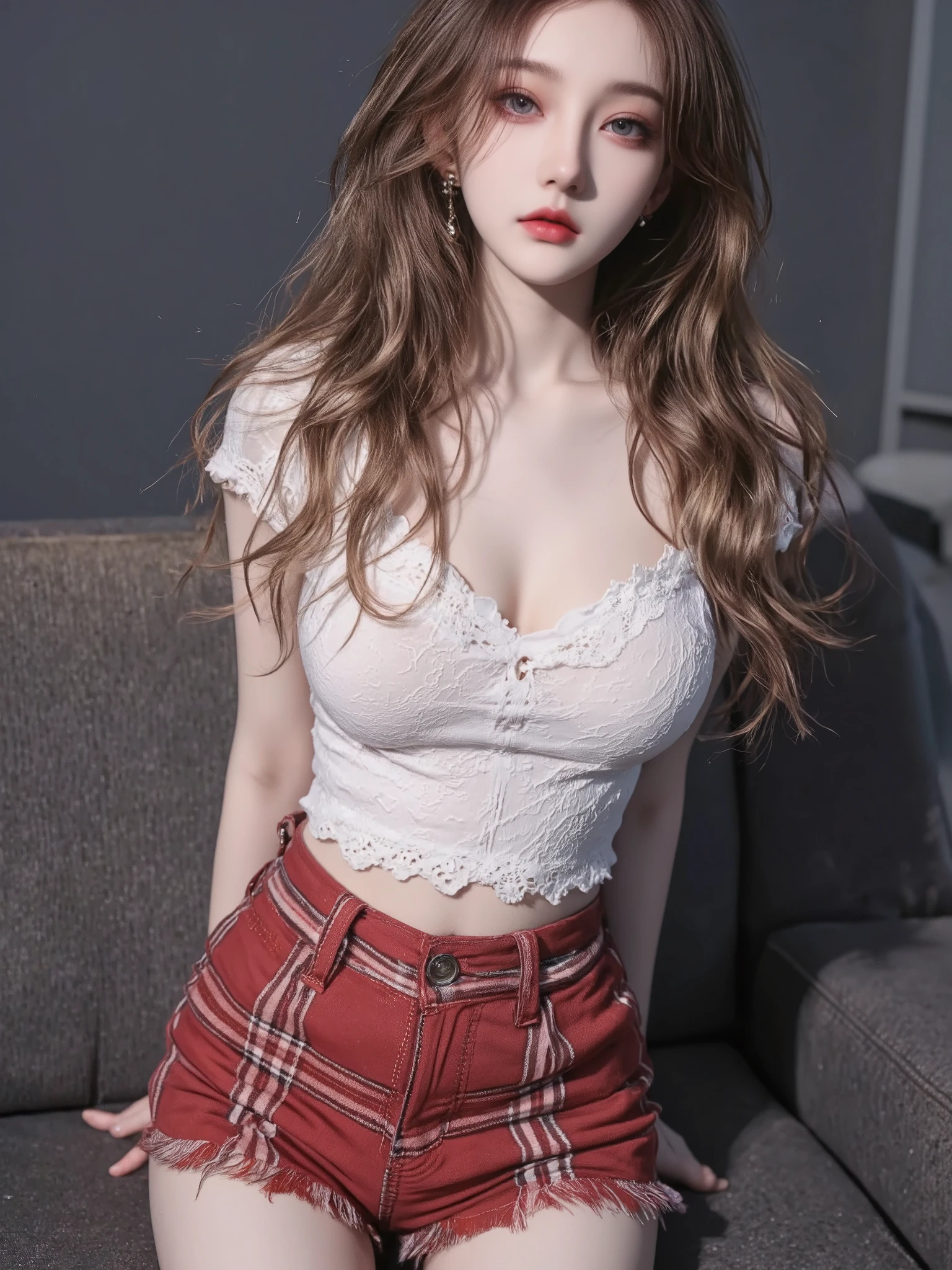 Single, pretty chinese girl ,23 years old, blue eyes, Lips,Light brown long curly hair,Big breasts(d),Big earrings,v-neck lace t-shirt,super short red and white plaid skirt,Don't wear glasses on your head , masterpiece,Best Quality,Jewelry,Ultra high resolution,is hyper-realistic,panoramic,