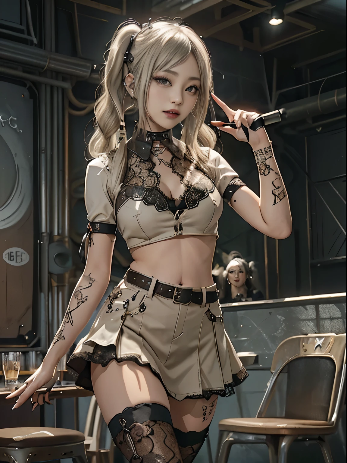 ( full body view:1.3)、(side view:1.1)、(show your teeth and laugh:1.3),(Beautiful whore:1.5)、( gothic chita-style fashion :1.5)、(Punk rock visuals:1.5)、( wear a polo shirt with delicate brown and khaki decorations:1.4)、( khaki and sugar lace or embellished mini skirt :1.5)、(Denim and brown western boots :1.3)、((Belt and Garrison Cap ))、(Delicate pattern applied to the entire outfit :1.4)、(collar:1.3)、(leopard print underwear:1.5)、20 years old、 on the body Be careful、((top quality、In 8K、masterpiece:1.3))、Sharp Focus:1.2、(layered cut、Huge Boobs:1.1),beautiful women with perfect bodies:1.4、(Dancing:1.3)、Slim Abs:1.2、highly detailed face and skin textures、detailed eyes、double eyelids,(twin tails:1.3)、(Platinum and Cream Hair :1.3)、 Idol Sculpture、(The background is the stage for a nightclub musical show:1.3)、( because she's slender :1.3),(Slimming your legs:1.4),(collarbone:1.1)