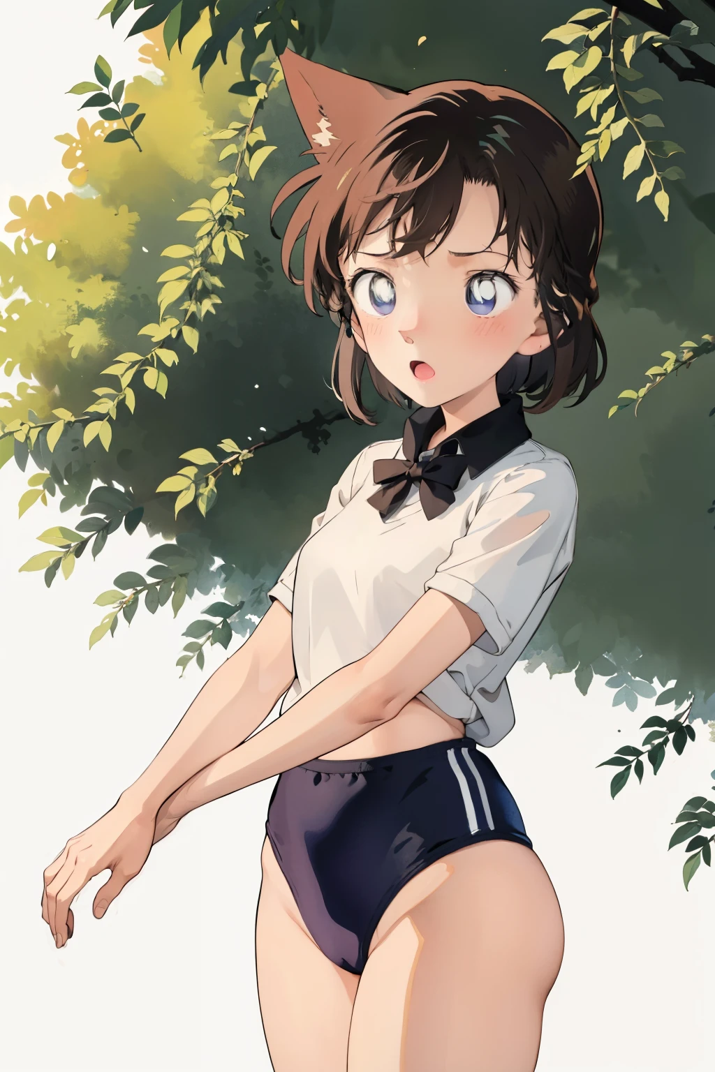 (masterpiece, best quality), 1girl , petites, loli, slim, wearing a Black gymnastics bloomers, High leg、white blouse, cowboy shot, in dark forest, serious, watercolor,Scared girl、shout、Convulsing with fear