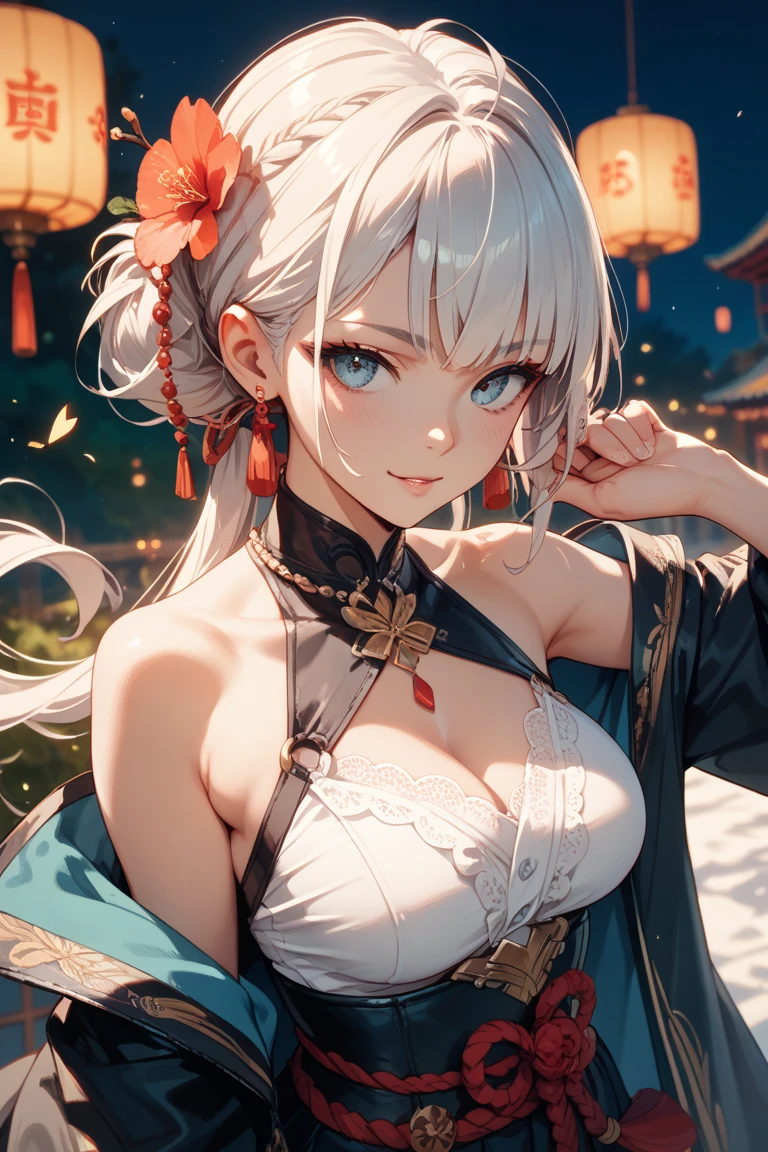 8K_wallpaper, Extremely detailed eyes, extremely detailed body, (large masterpiece digital art), (detailed manga illustration), (Detailed line art), ((Perfect anatomical structure)), (Intricate details:1.3), (Extremely detailed:1.3), (illustration:1.3), (Clear focus:1.3), (Natural Lighting:1.05), (Bright colors:1.3), (masterpiece), best quality, expressive eyes, Perfect face, 1 Girl, Animal ears, Bare shoulders, {blue eyes}, Vague, bracelet, breast, (((丰满柔软的breast,)))(((大breast))) (((Cleavage))),Necklace, cleveage, Cowboy shooting, Depth of Field, festival, fireworks, Heart, Heart Necklace, Japanese clothes, Jewelry, kimono, large breast, looking at the audience, mask, mole, mole under mouth, Heart, Off-shoulder, Open your mouth, Rabbit ears, Ribbon trim的腿部服饰, Ribbon trim, sash, short hair, short kimono, Short yukata, Hollows in the skin, Smile, Solitary, High Leg Raise, Belief, Wide sleeves, Green Yukata,