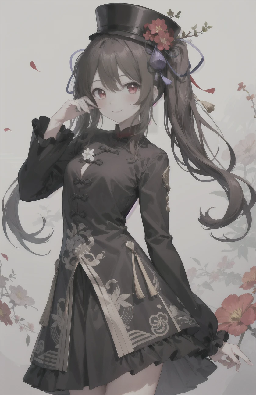 llustration,, extremely detailed CG unity 8k wallpaper, UHD, retina, masterpiece, accurate, anatomically correct, super detail, high details, high quality, award winning, best quality, highres, good anatomy, 1080P, HD, 4K, 8k, 16k, 1girl, dynamic pose, androgynous, detailed eyes, detailed clothes, detailed hair, rendering, strands of hair, cute waifu, fully body, looking at viewer, smiling, long black hair, bangs, hair ween eyes, long lock, black eyes, wearing a black samurai hat, wearing a black suit, wearing black trousers, long sleeve, black tie, white background