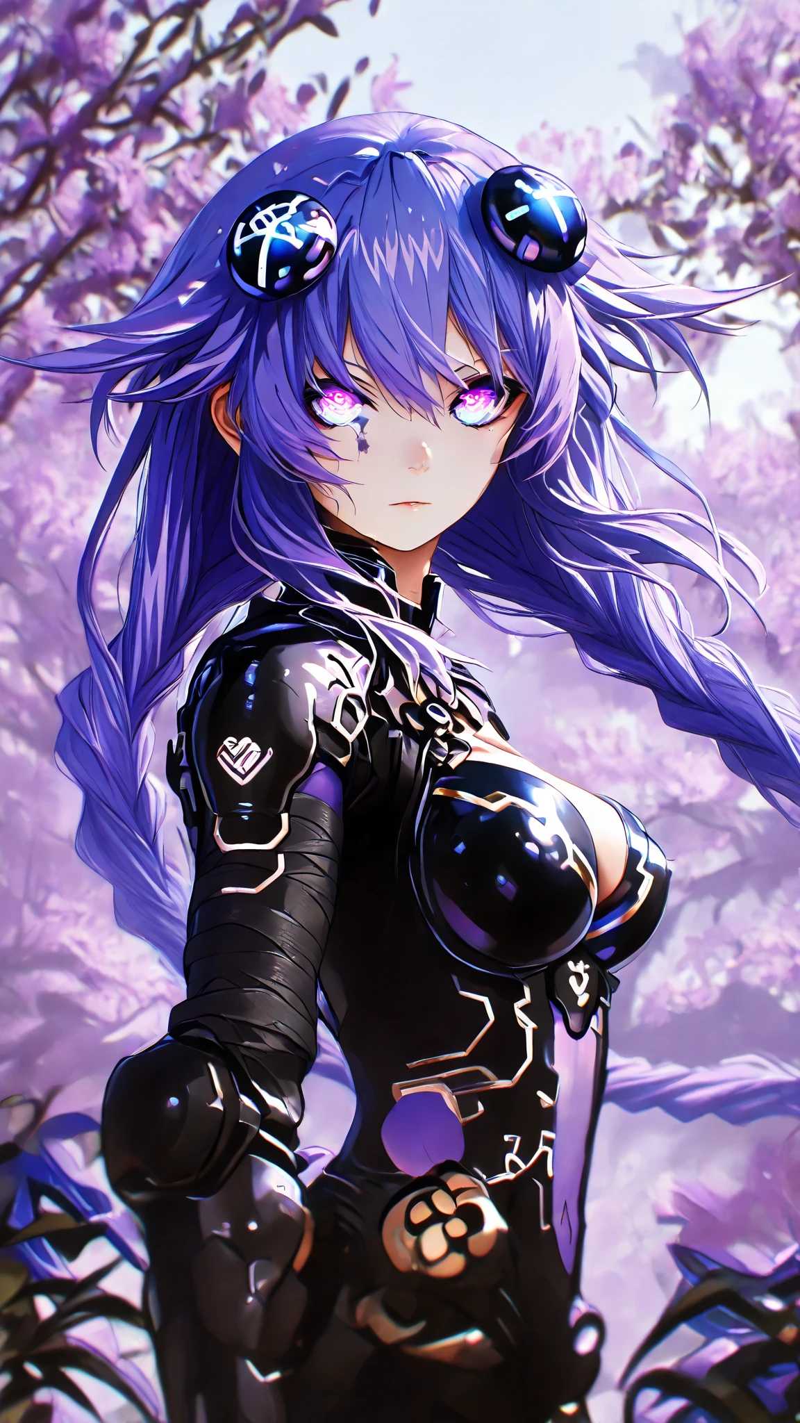 purple heart (Hyperdimension Neptunia), long purple hair, foreground, black bandage on the eyes