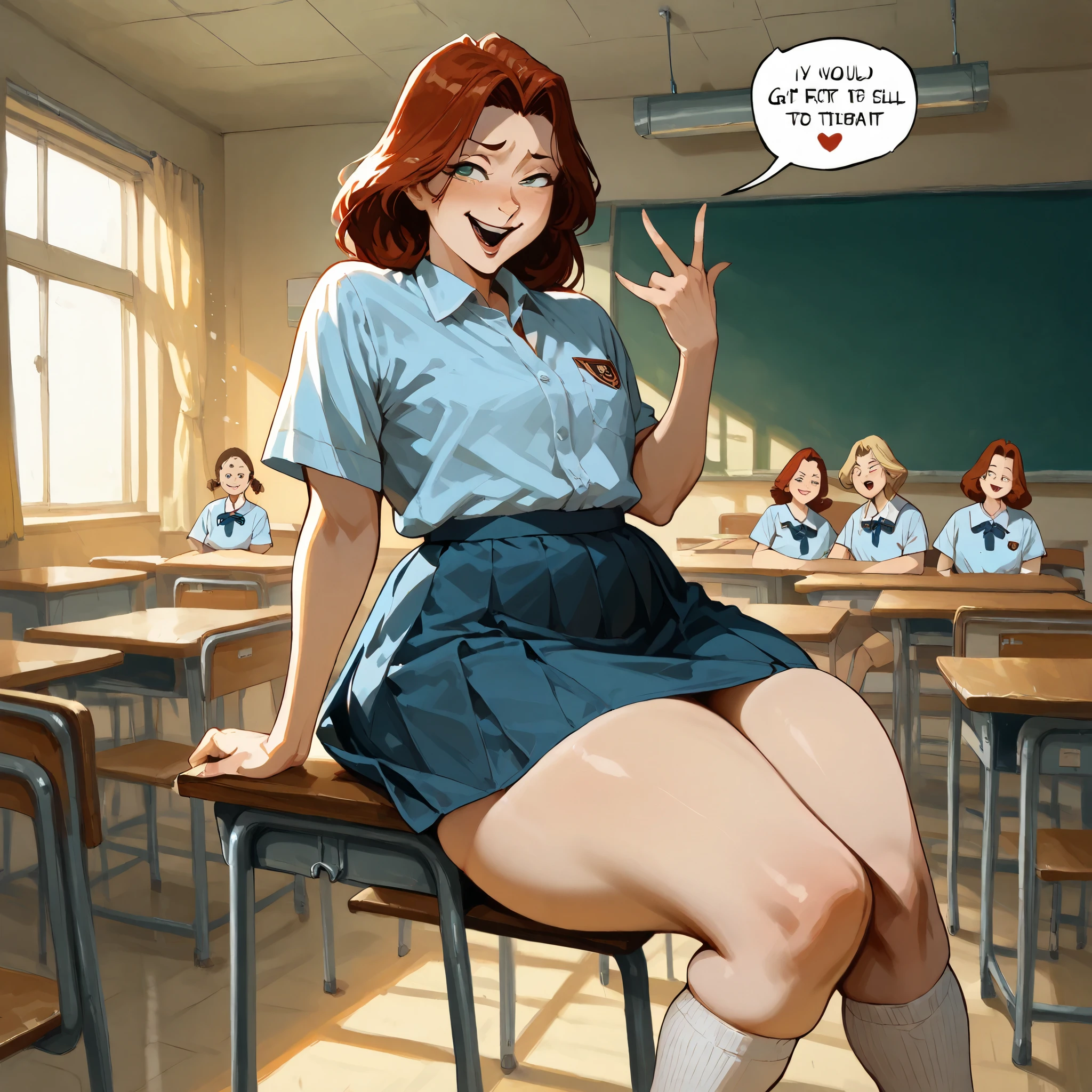 One girl (alone, solo), (specular and volumetric lighting:1.3),source_western, wide hips, plump, Sitting at a desk in a chair, lewd smile, (Long socks), Twin-tailed, School Girl Uniform, class room, from the side, open mouth smile, winking, Skirt, Random hair color, smug face, looking at viewer,, (hyper thighs), (skindentation), (smug emotions) (small breasts) (specular and volumetric lighting:1.3) (sunbeams:1.1) (deep shadows:1.1) (candid picture:1.1) (art by norman rockwell)((Phyllis Ginger)), flickr, op art, ((susan hayward, linda wilder, sigourney weaver, judy garland)) (fat girl:1.3), (speech bubble with a heart inside it) , (infragluteal fold peek:1.4)