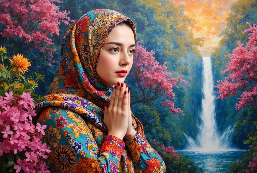 Masterpiece, top, very realistic, very detailed, original photo, a beautiful woman wearing a bright colored striped hijab, wearing a modern bright robe is sitting with her hands covering her ears facing the viewer. There is a dynamic splash of water that circles the person's head very realistically, creating a halo effect that is eye-catching and visually striking. The setting is dark, highlighting the contrast between the subject and the splashing water. Very detailed description