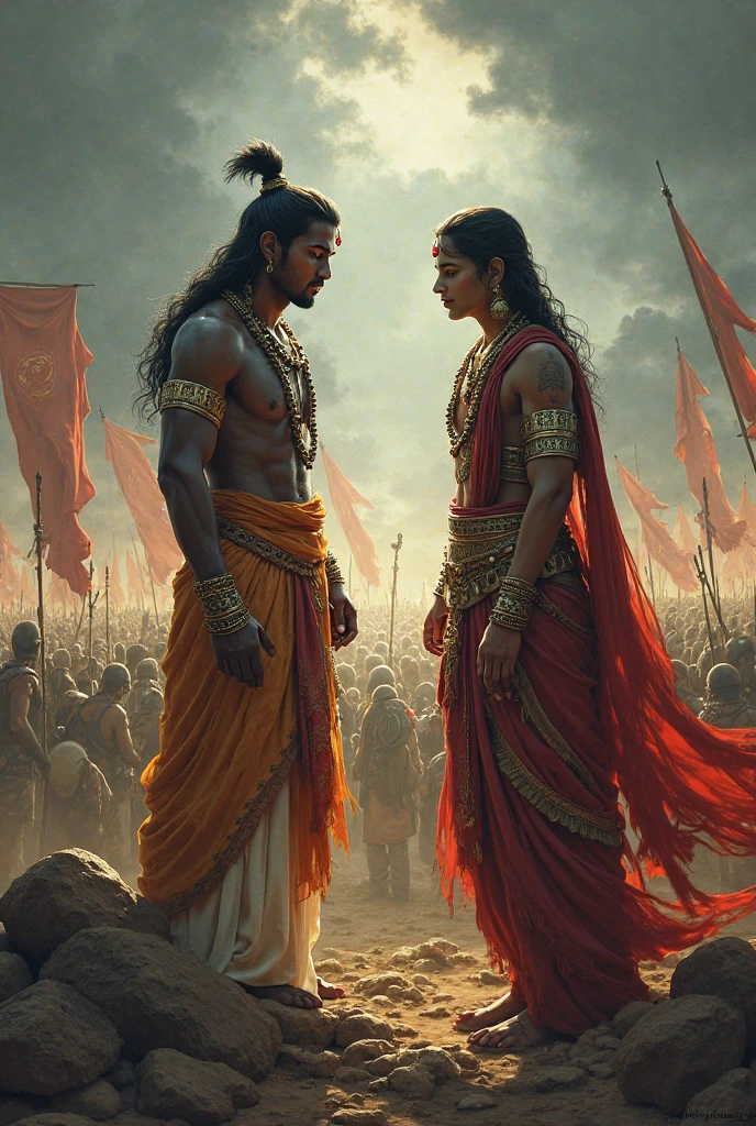 Here's a detailed description of the scene where Gandhari curses Krishna in the epic Mahabharata:
After the great Kurukshetra war, the Kauravas have been slain, and Duryodhana lies dead. The battlefield is littered with bodies, and the Pandavas stand victorious, but the cost of war weighs heavily on everyone. Gandhari, the mother of the Kauravas, is shattered by the loss of her sons and family.
Krishna, knowing that the end of the war was predestined, comes to offer his condolences. Gandhari, a devoted mother blinded by grief, accuses Krishna of allowing the war to happen despite having the power to prevent it. In her anguish, she lifts her blindfold, her eyes blazing with sorrow and rage.
In a moment of intense emotion, she curses Krishna that just as she has lost her family, he too will see the destruction of his entire Yadava clan. She declares that his kingdom will fall, and he will die a lonely death, just as she now stands alone. Krishna, accepting the curse with a calm demeanor, acknowledges that this is the will of destiny.
This scene is steeped in emotions of loss, helplessness, and the inevitable consequences of war.