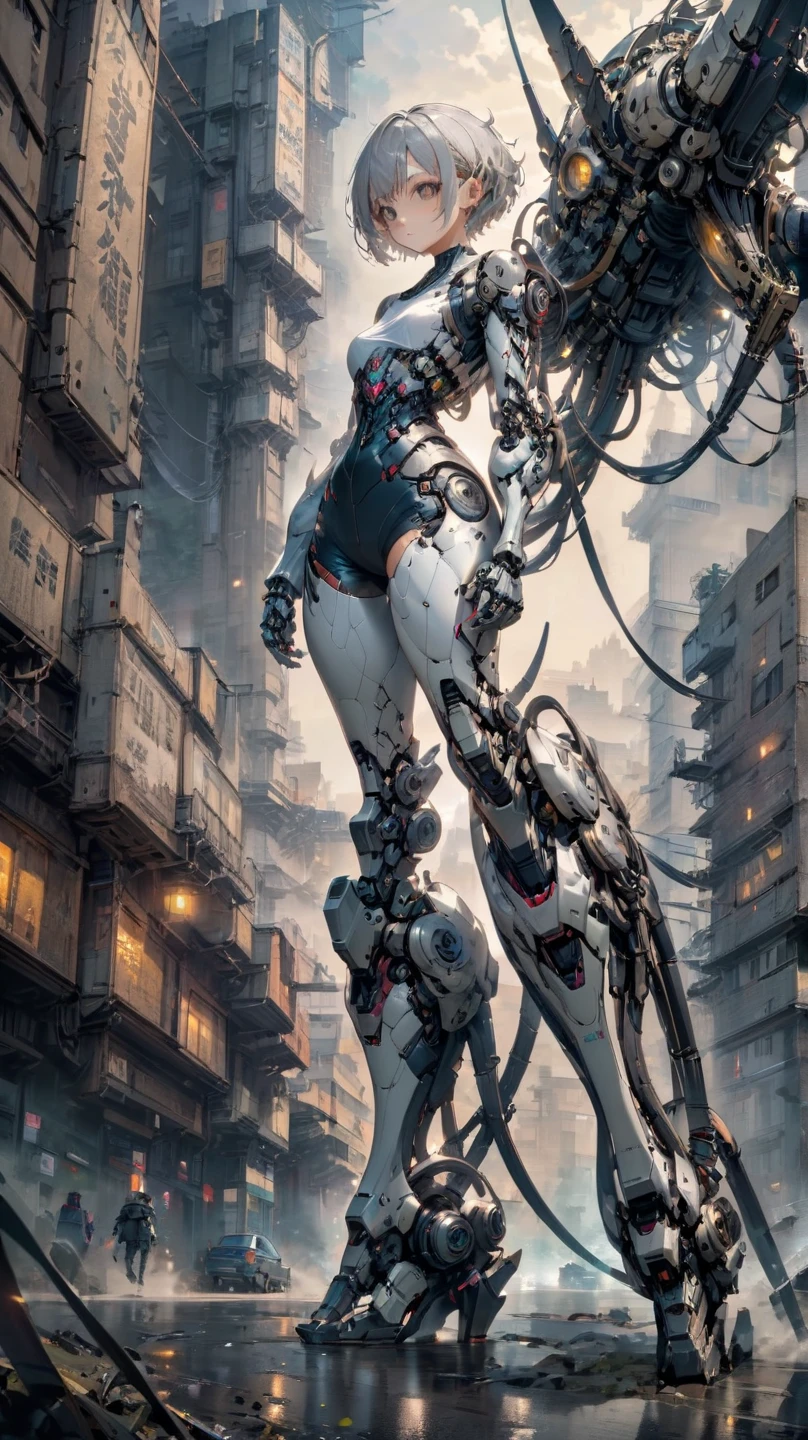 (highly detailed:1.5), (8k), futuristic mecha girl on the cover of a neon-lit science fiction magazine, style (cyberpunk:1.3), wearing an elegant battle suit with bright details, posing sensually, (bold typography:1.2), dynamic composition, vibrant colors, (Akira style:1.1), (inspired by Hajime Sorayama:1.2), full body, details in red, yellow, blue, white, combat position, detailed bikini, futuristic detailed kaneda bike,