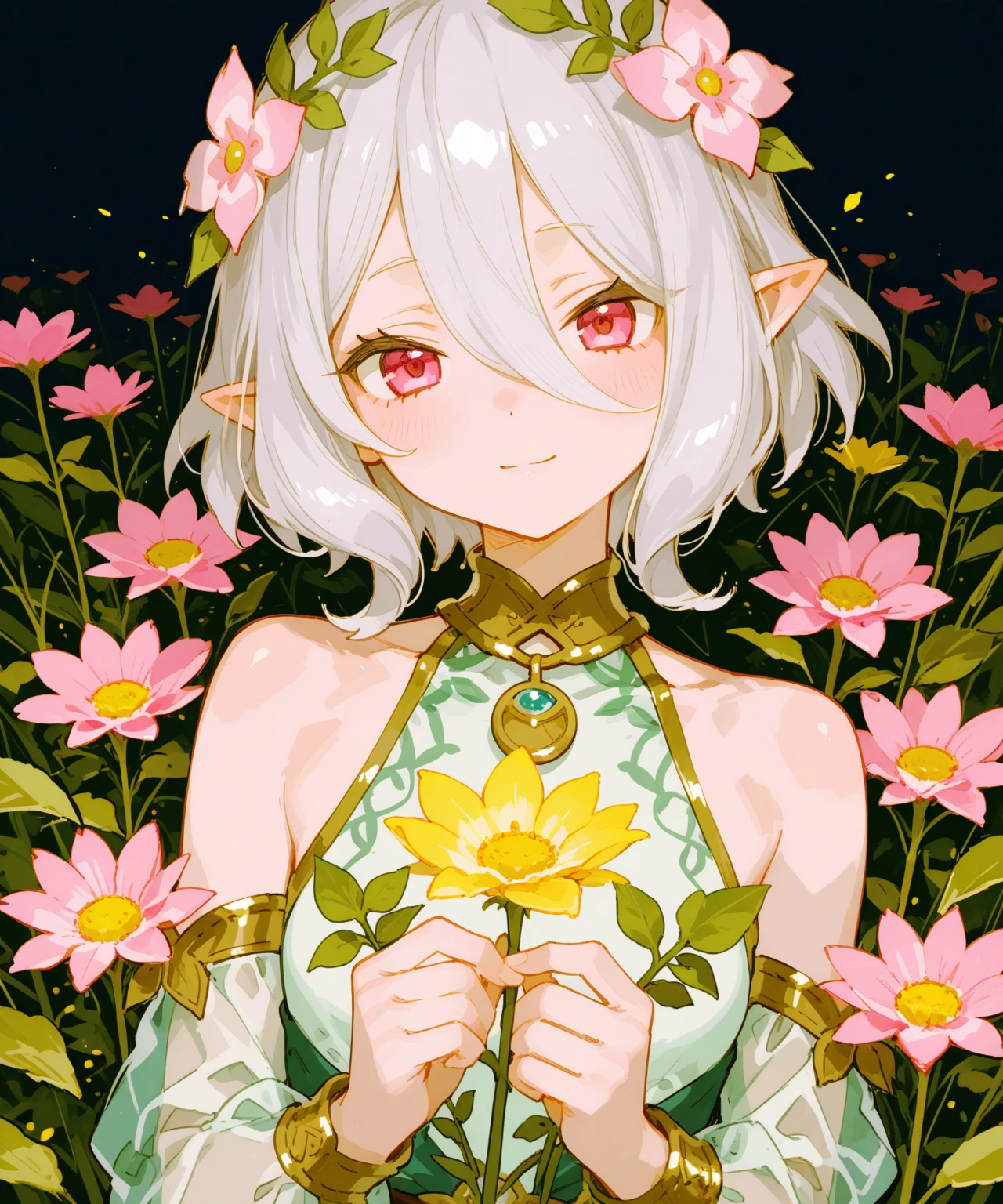 one young man, twink, (((male))), (((man))), (((one person))), (((single))), (((solo))), 1guy, (((white skin))), (((white colored skin))), (((white-skinned))), (((marble skin))), (((porcelain skin))), (((white hair))), (((white colored hair))), (((red colored eyes))), ((medium short hair)), (chin-length hair), (((wavy hair))), (((slim body))), (((very flat chest))), (((flat chest))), slim waist, (((wearing fantasy clothes))), (((wearing light pink and white clothes))), ((gold details on clothes)), (((white lace on clothes))), (((fantasy style))), (((wearing flowers in his hair))), flowercrown, ((pointy ears)), (sunny weather), smooth skin, ((alone)), (smiling), (((cracks in the skin))), ((fissures in the skin)), (black ink splatters on face), (black ink splatters), black ink stains, ((black ink dripping out of cracks)), (((skin cracking like porcelain))), (((black scars all over the skin))), (((scars on body and face))), (black paint dripping out of the scars), ((black ink drops on body and on hair)), (((skin cracking like glass))), flowers in bottles, red flowers in vases, white flowers in pots, pink flowers in the background, (fantasy greenhouse in the background), (((cracking porcelain skin))), (((cracking skin))), (((metallic white skin))), ((iridescent white skin))